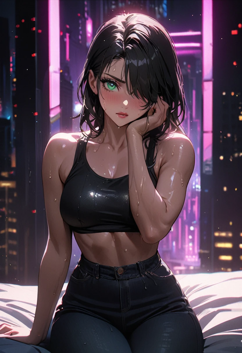 highres, masterpiece, perfect lighting, bloom, cinematic lighting, adult, female, looking at viewer, cowboy shot, (RSEEmma:1.5),<lora:RSERomantic_RSESofiko_RSEEmma-v1:0.3>, <lora:edgBIC:1> edgBIC,bikini under clothes, see-through, wearing edgBIC, tank top, side-swept bangs, black hair, pink IncursioDipDyedHair, messy mid ponytail, green eyes, thick eyebrows, freckles, smile <lora:DipDyedHair:1>