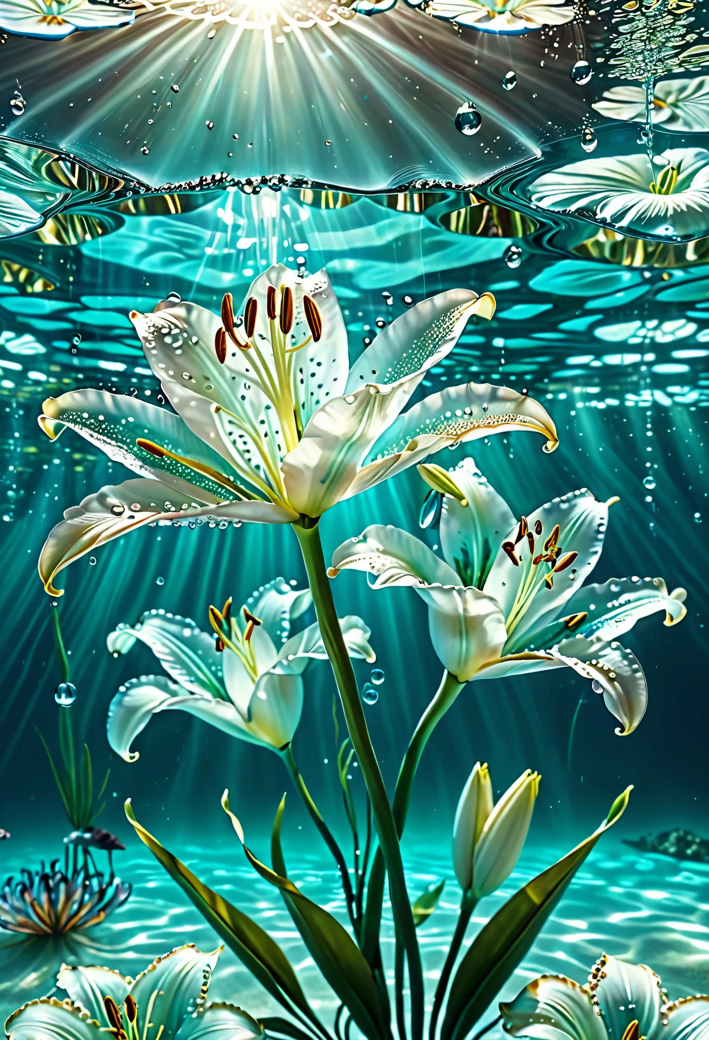 a serene underwater scene, submerged lilies, turquoise tones, sun reflection seen inside the water, an open pearl shell with a lily sprouting within, detailed water droplets, intricate lily textures, shimmering light rays, photorealistic, cinematic lighting, dramatic composition, 8k, hyper-realistic, masterpiece, shell of pearl.