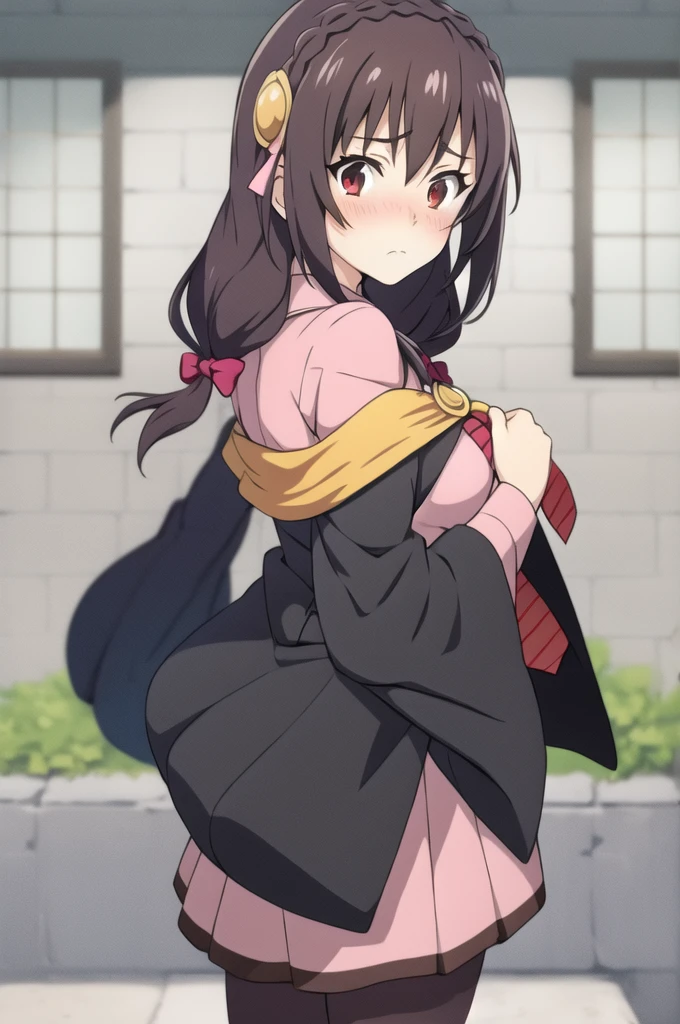 (masterpiece, best quality), anime、1girl,    yunyun,long hair,braid,twintails,hair between eyes,hair bow,hair ornament,large breasts,(cape:1.2),necktie,shirt,pink shirt,long sleeves,belt,pink skirt,pantyhose,loafers,brown footwear、(Surprised expression)、(blush)、outside、lawn、Crimson Eyes、Looking Back