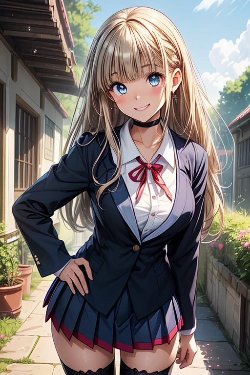 high quality, best quality, masterpiece, absurdres, 1girl, school yard, sunny, smile, looking_at_viewer, blush