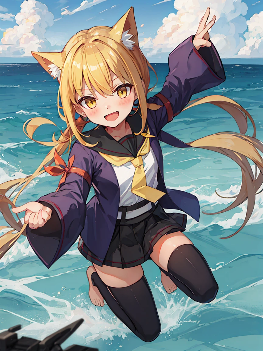 Portrait, official art, best masterpiece, best quality, best resolution, 8K, best detailed, perfect anatomy 
BREAK
smile, (blush:1.1), (open your mouth)
BREAK 
(Jumping), Raise your arms, tilted head
BREAK 
(satsuki_kantaicollection:1.15), blonde hair, long hair, twintails, yellow eyes, low twintails, serafuku, crescent, crescent pin, necktie, black thighhighs, barefoot, (small breasts, child_like build, short stature:1.2), 1small girl, solo
BREAK 
Cumulonimbus, (sea, on the sea, sky), (Noon, daytime:1.1), very fine and detailed 16KCG wallpapers