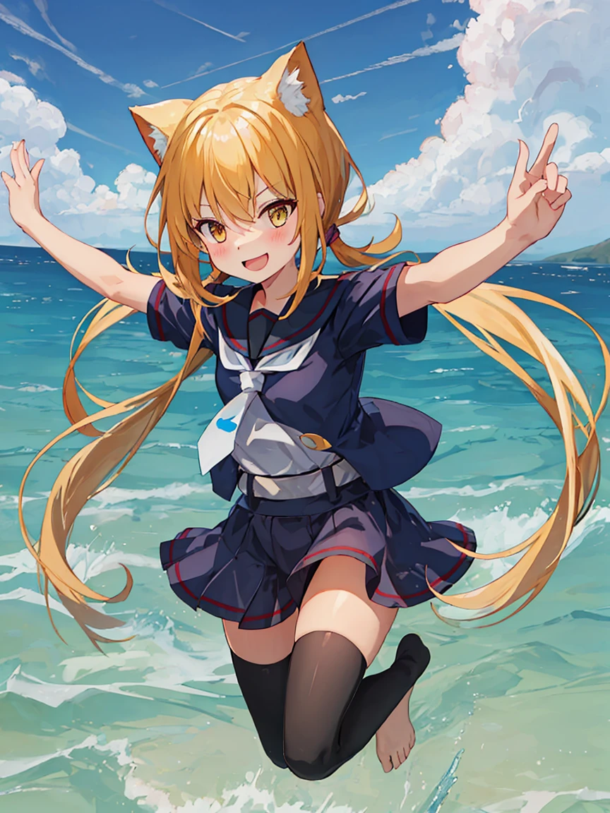 Portrait, official art, best masterpiece, best quality, best resolution, 8K, best detailed, perfect anatomy 
BREAK
smile, (blush:1.1), (open your mouth)
BREAK 
(Jumping), Raise your arms, tilted head
BREAK 
(satsuki_kantaicollection:1.15), blonde hair, long hair, twintails, yellow eyes, low twintails, serafuku, crescent, crescent pin, necktie, black thighhighs, barefoot, (small breasts, child_like build, short stature:1.2), 1small girl, solo
BREAK 
Cumulonimbus, (sea, on the sea, sky), (Noon, daytime:1.1), very fine and detailed 16KCG wallpapers