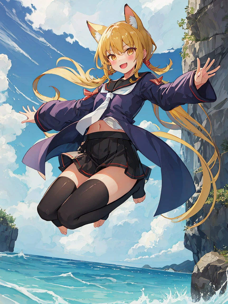 Portrait, official art, best masterpiece, best quality, best resolution, 8K, best detailed, perfect anatomy 
BREAK
smile, (blush:1.1), (open your mouth)
BREAK 
(Jumping), Raise your arms, tilted head
BREAK 
(satsuki_kantaicollection:1.15), blonde hair, long hair, twintails, yellow eyes, low twintails, serafuku, crescent, crescent pin, necktie, black thighhighs, barefoot, (small breasts, child_like build, short stature:1.2), 1small girl, solo
BREAK 
Cumulonimbus, (sea, on the sea, sky), (Noon, daytime:1.1), very fine and detailed 16KCG wallpapers