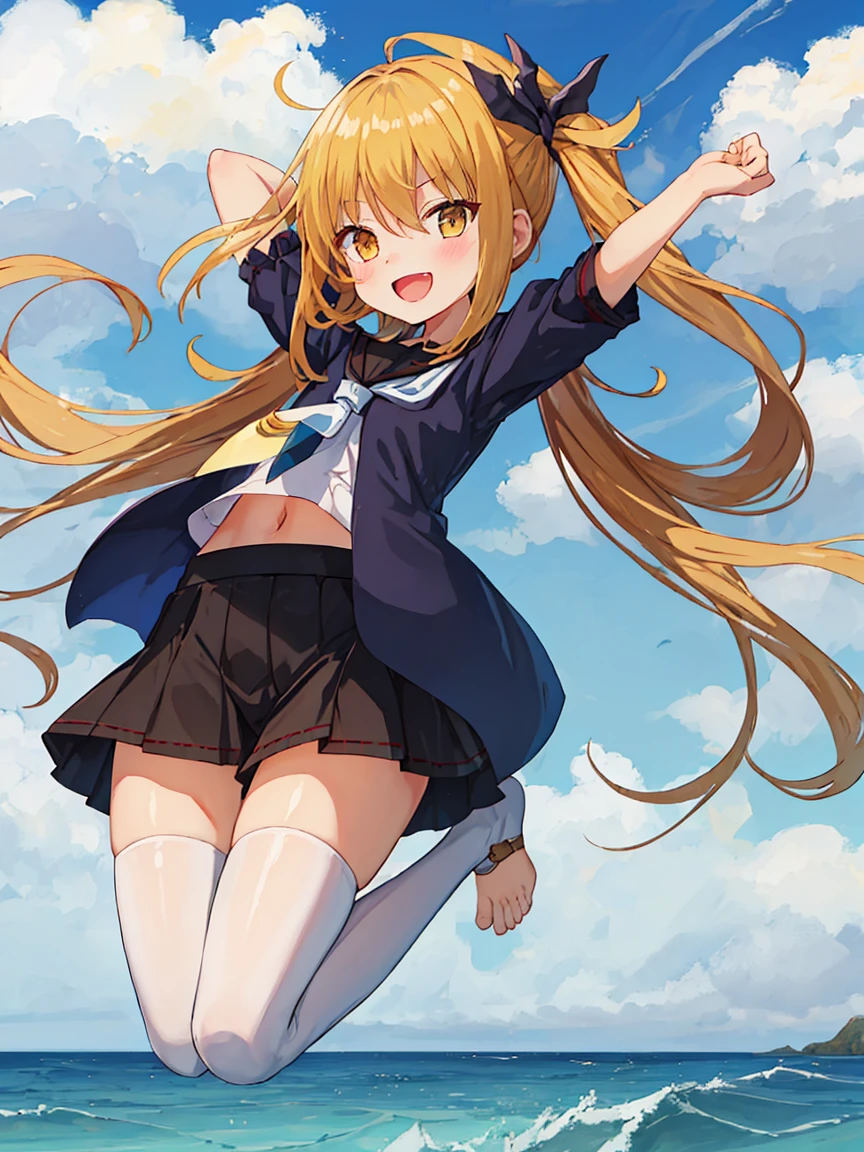 Portrait, official art, best masterpiece, best quality, best resolution, 8K, best detailed, perfect anatomy 
BREAK
smile, (blush:1.1), (open your mouth)
BREAK 
(Jumping), Raise your arms, tilted head
BREAK 
(satsuki_kantaicollection:1.15), blonde hair, long hair, twintails, yellow eyes, low twintails, serafuku, crescent, crescent pin, necktie, black thighhighs, barefoot, (small breasts, child_like build, short stature:1.2), 1small girl, solo
BREAK 
Cumulonimbus, (sea, on the sea, sky), (Noon, daytime:1.1), very fine and detailed 16KCG wallpapers