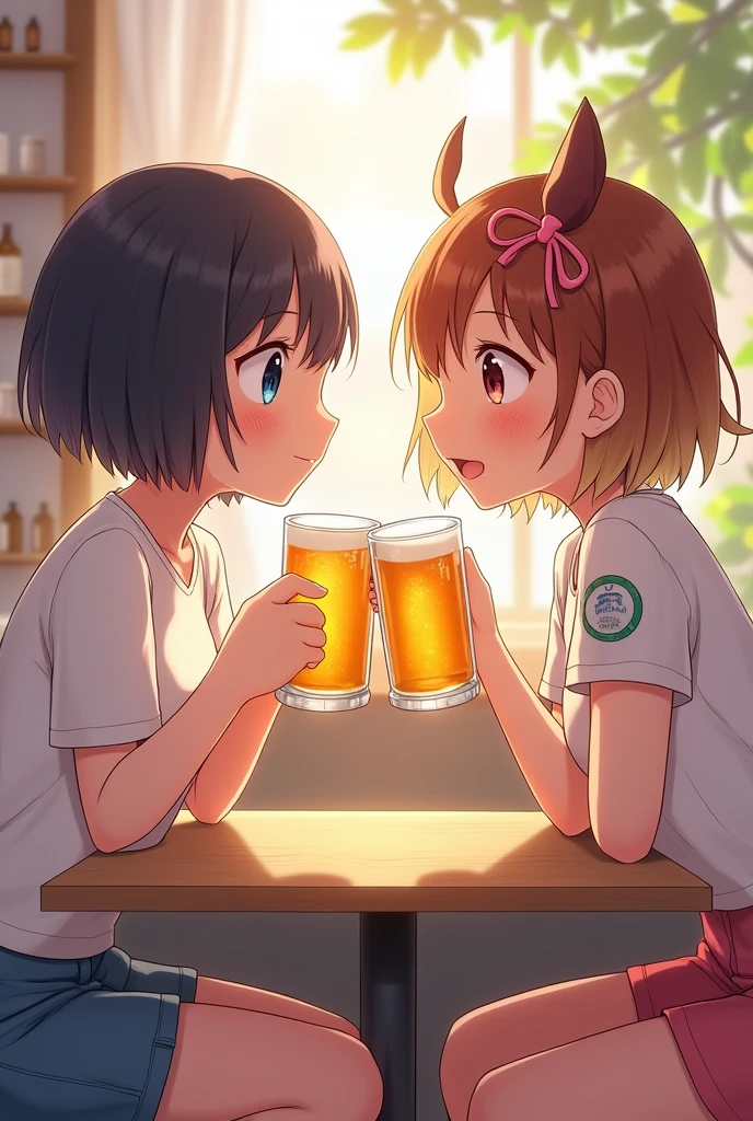 ((top quality)),((masterpiece)),((perfect face)),((background blur)),((kawaii)), Panorama,Four beautiful women, Denim clothing, Four bottles of beer, one table of dishes,, lively, serious expression, scowling expression, flustered expression,Closeup, Expressions of joy, anger, sorrow, and pleasure, ((kawaii)), close up, Happy smile, shame, joy, fun,