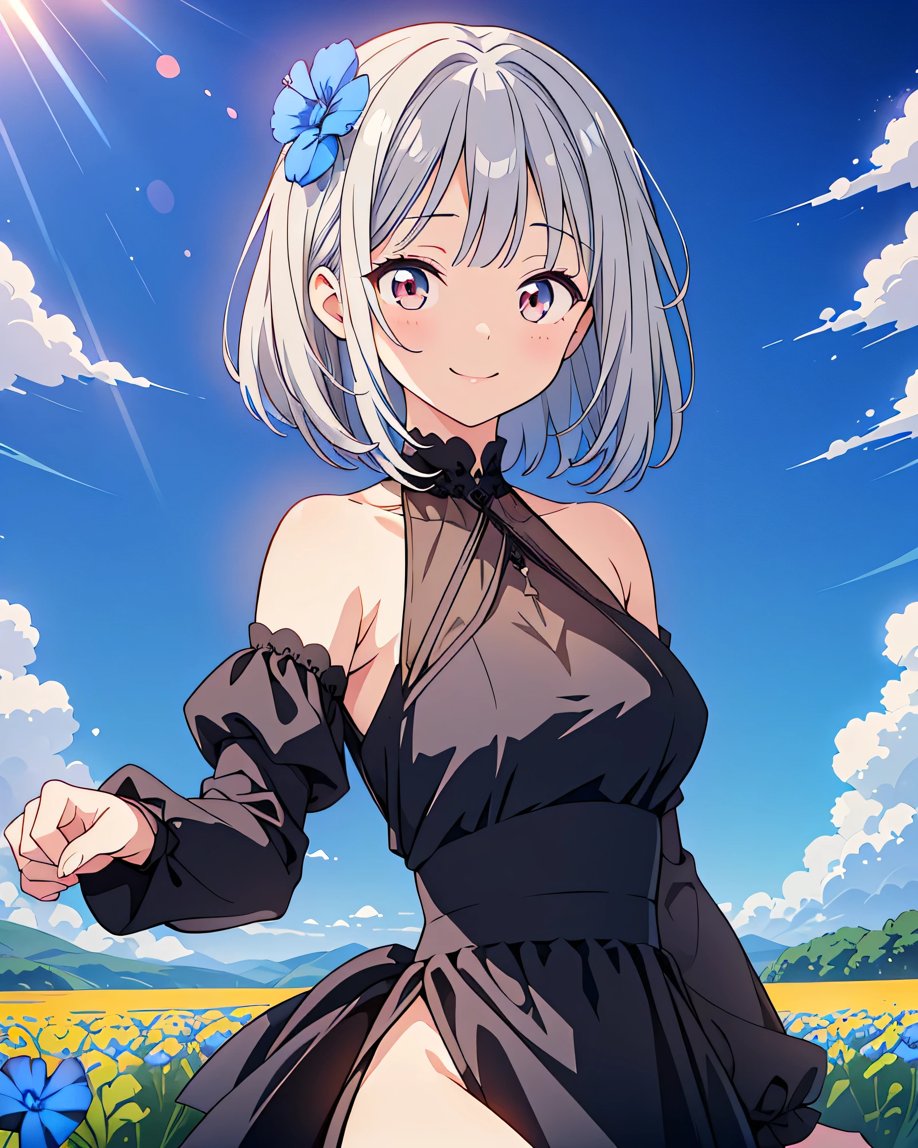 ((8k, masterpiece, best quality)), super high resolution, best shadow, (sharp sketch, illustration:1.1), (cute illustration:1.3), (Soft Saturation:1.3), extremely detailed, detailed background, cinematic lighting, (an extremely delicate and beautiful), (detailed hands), (appropriate posture), (appropriate configuration),
standing, (spread arms:1.4), (focus crotch:1.3), (from below:1.5),
((1girl)), solo, (stand in the flower field:1.3), wind,
BREAK
beautiful girl, 18 years old, beautiful blue eyes, silver medium bob hair, medium breasts, (cheerful smile),
(wearing off shoulder dress:1.2), floating hair