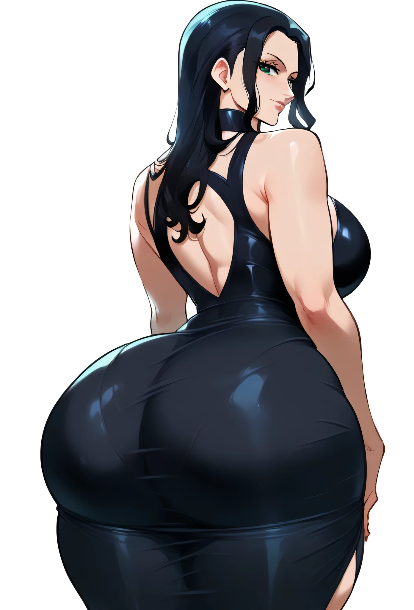 nico robin, big ass, big boobs, black dress, nyantcha art style, white background, background, nico robin.