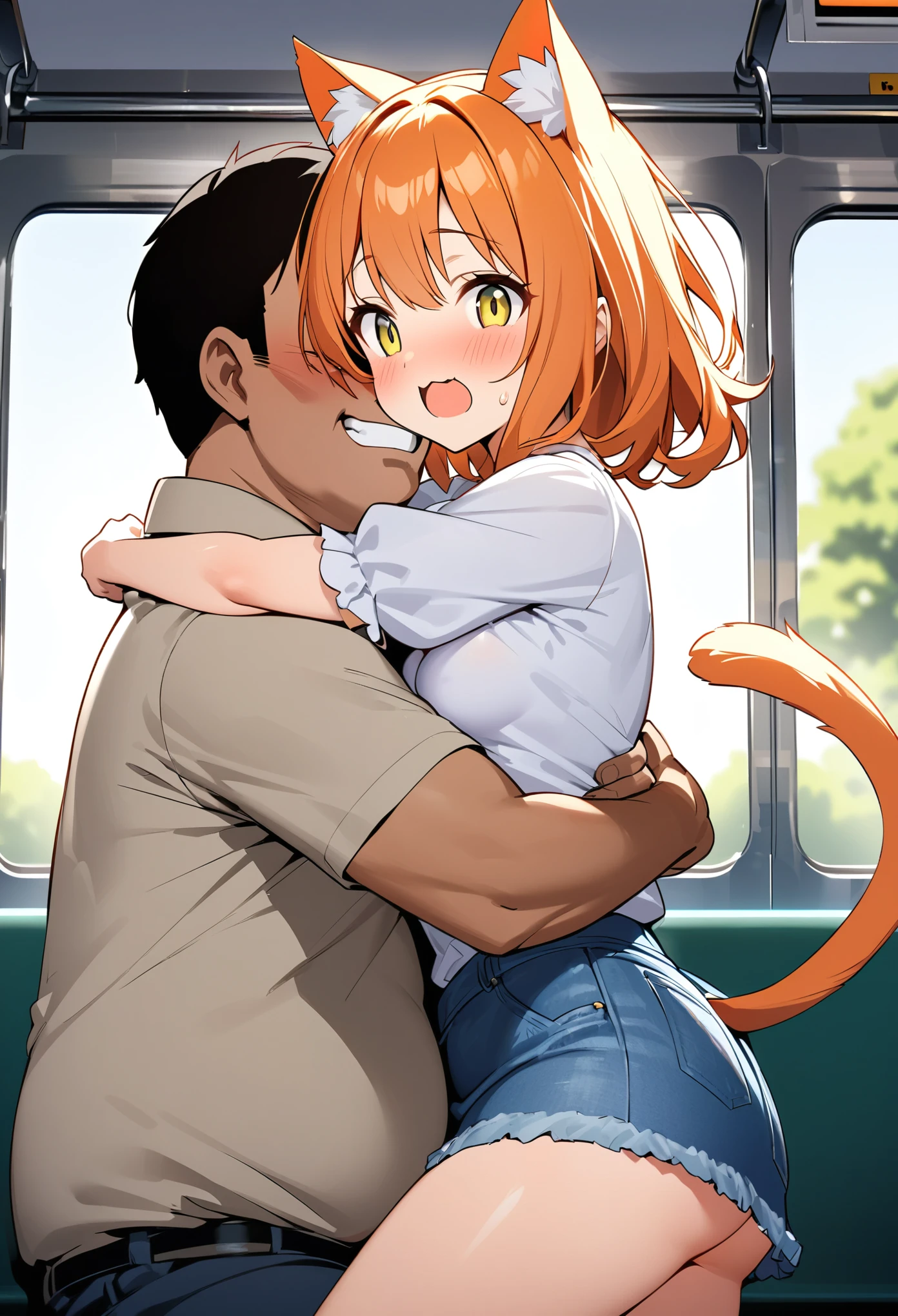 Viewer discretion advised、Young girl、Very cute、small、Firm breasts、Denim skirt、Orange Hair、Top quality backgrounds、Surprised girl、Cat ears and tail、On the train、One fat man、A man rubs his cheek against a girl、Girl with a panicked face、Delighted Men、Hug、Look to the side