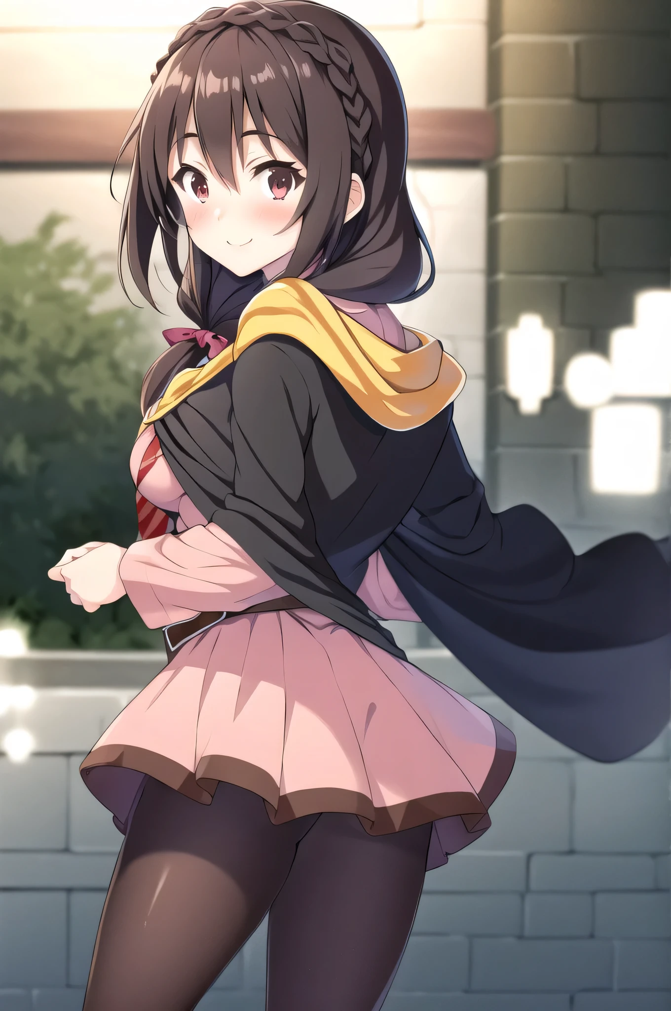 (masterpiece, best quality), anime、1girl,    yunyun,long hair,braid,twintails,hair between eyes,hair bow,hair ornament,large breasts,(cape:1.2),necktie,shirt,pink shirt,long sleeves,belt,pink skirt,pantyhose,loafers,brown footwear、(The best smile)、(blush)、outside、lawn、Crimson Eyes、Looking Back