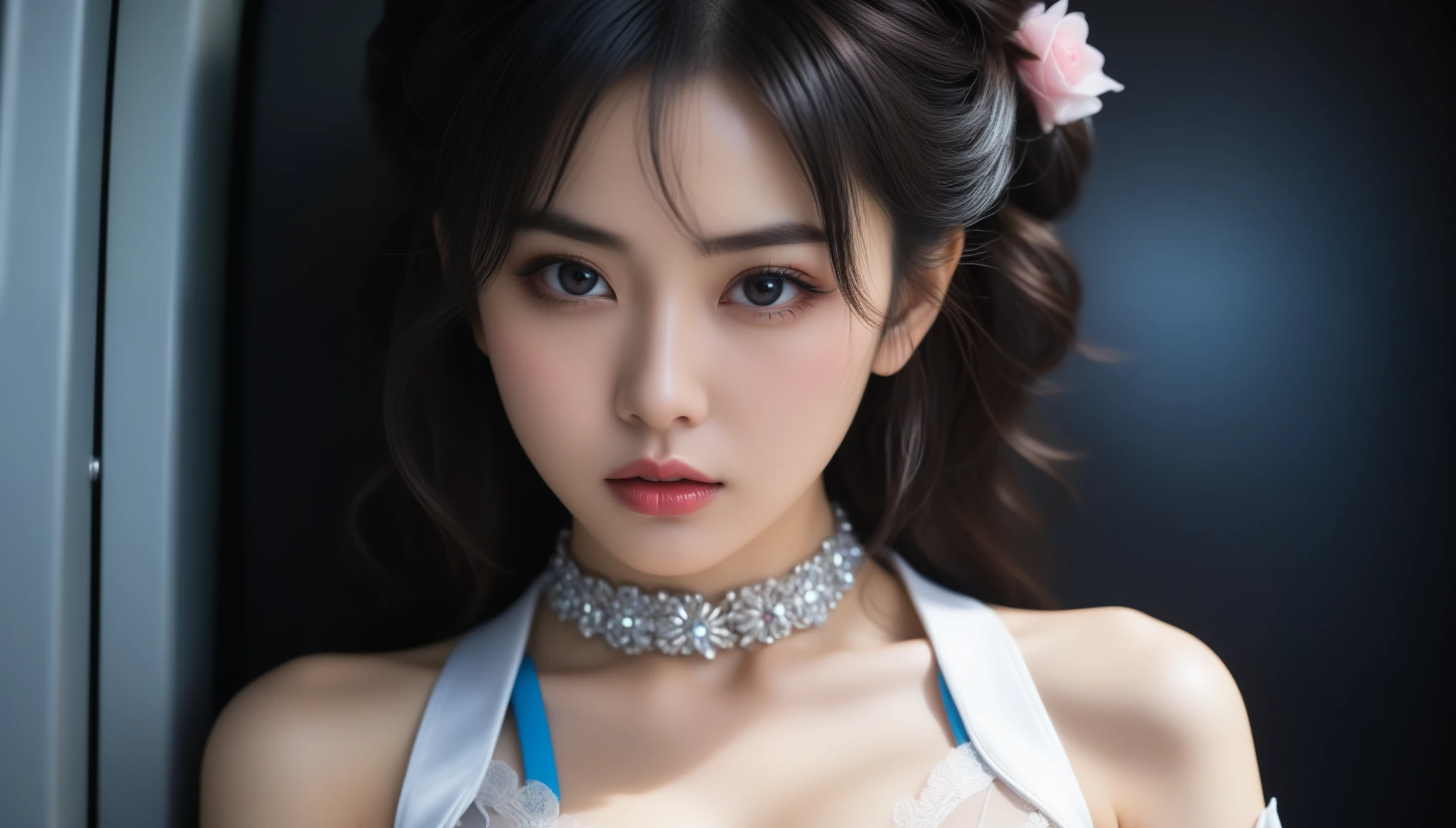 <lora:joulin:0.8>, 1girl, solo, chinese girl, realistic, photography, photorealistic, looking at viewer, blurry background, black hair, necklace, solo focus, short hair, wedding dress, stage, cinematic lighting, depth of field, cleavage, clavicle