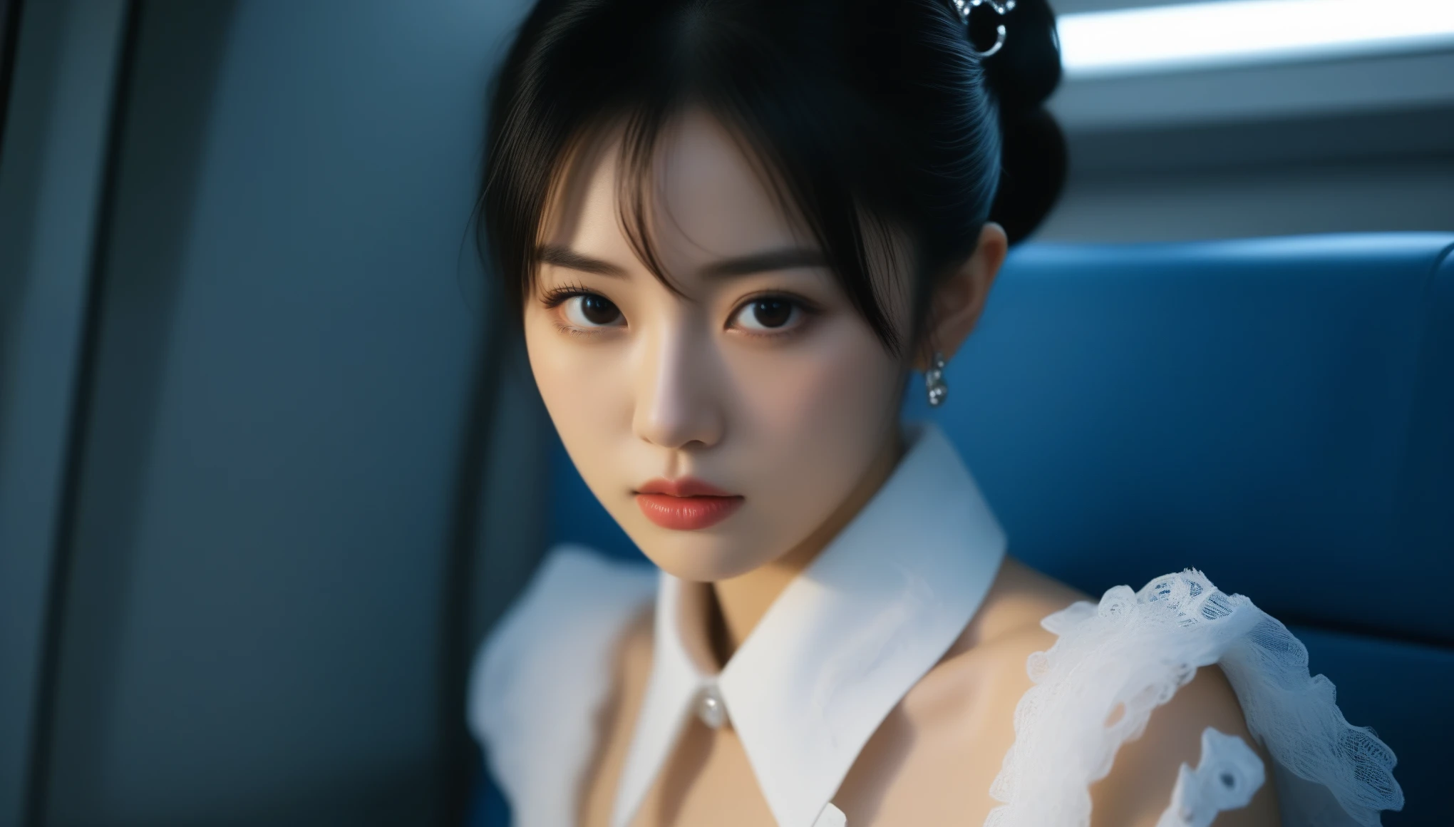 8k, Ultra-high resolution, Best Quality, masterpiece, 三分割法によるphotograph,Surreal, photograph, 1 , (:1.3), cute, cute顔, 細部までBeautiful Eyes, 細かくdetailedに,masterpiece,One Girl:1.2,Japanese women,upper class,Cabin attendant,close up,glaring,Black hair,Messy hair,ID photo,future,Brutal Cyberpunk Woman,Inside the plane,(Rococo style bridal dress),(BDSM Queen),(collar付き),(Lock:1.5),(collar:cuffs),(SM Queen:1.5),Expressions of despair,Dark and atmospheric lighting,Subtle details, detailedな顔,anger,Attractive eyes,(ポートレートphotograph:1.4),(Photorealistic images:1.4),Fantasy art,(Beautiful Face:1.4),美しくAttractive eyes、Beautiful Eyes,Silver Remaining,(Tight waist:1.4)、(Beautiful with perfect body proportions:1.4),Pink Lips,profile,(((Ideal body type))),A cup small bust :2,、Portraiture:2、Perfect Anatomy、鮮明なdetailed、detailed,Fashion magazine cover,Thin lips,完璧でBeautiful Face ,完璧でcute顔, Detailed skin, Perfect limbs、Narrow waist,Surreal,Light and Shadow,spotlight