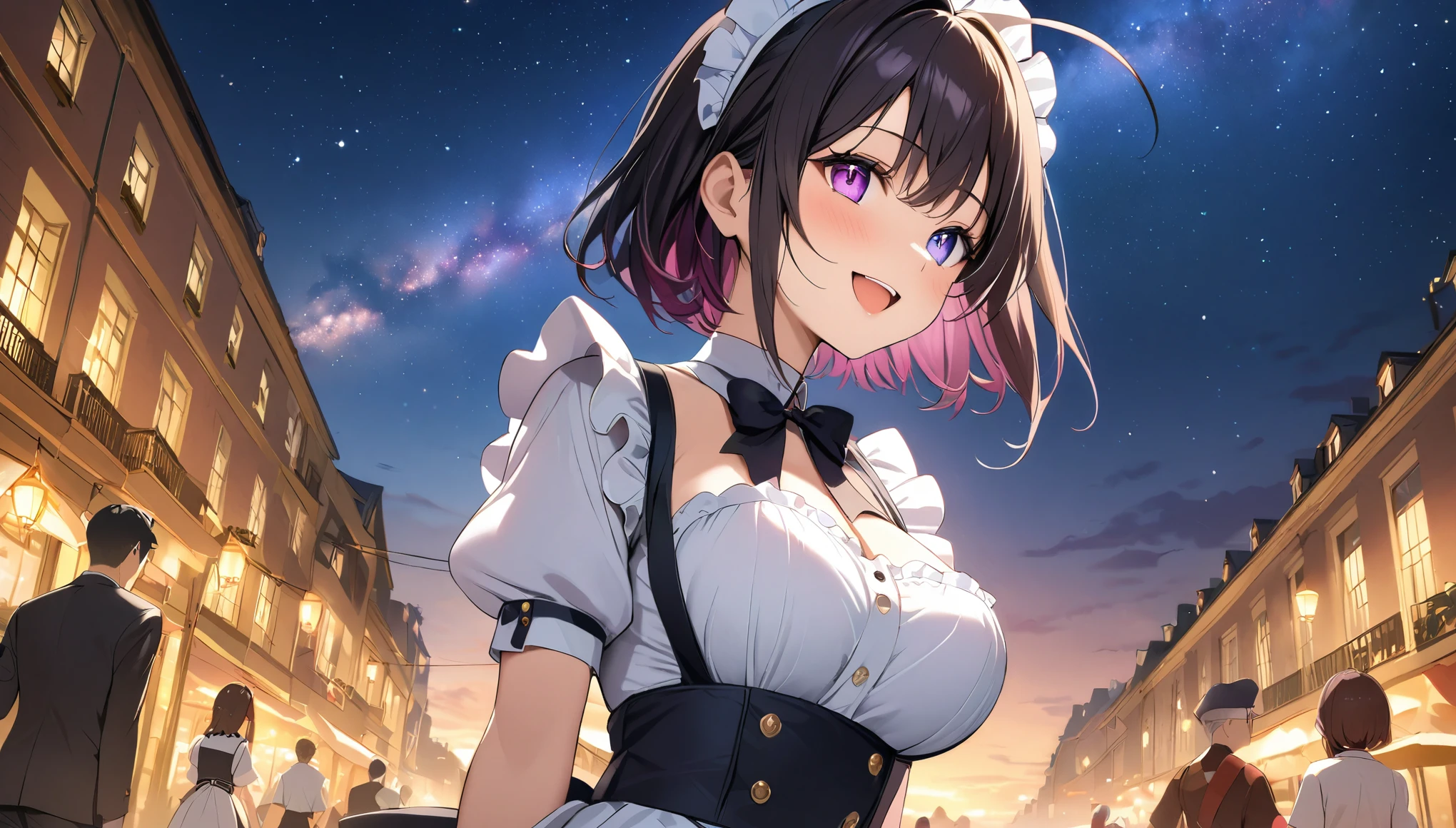 Beautiful illustrations, Best Quality, ((upright)), ((Arms at your sides)), Watching the audience,((1 girl)), Open your mouth, smile, Virtual YouTuber、((Best Quality, expensive_solve, Clear_image)),(Black Hair), (Ahoge), (Extremely short hair), (Wavy Hair), heterochromia,purple eye,white eye 、Laughter、Very large breasts、I can see the valley、Dressed in maid uniform、Background starry sky