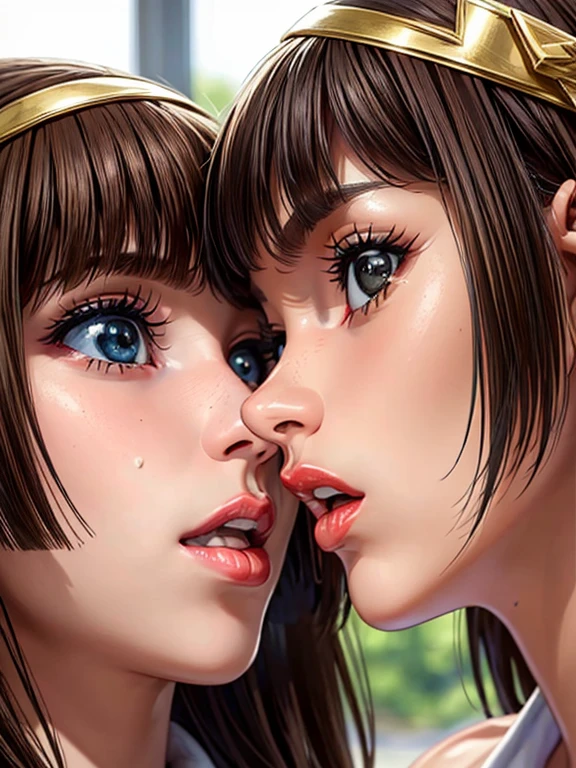 two teenage girls, Extreme face close up, White milk Facial Cumshot, White milk splashed on face, White milk facial, lesbians embrace, licking, Licking each other, licking tongue, seductive lips, wet lips, Showing tongue, Soft tongue, Soaking wet hair, bukkake, meltingly beautiful, Sexy look, Super detailed, 8k wallpaper, Images taken from under the nose to the top of the neck, ((highest quality)), ((masterpiece:1.3)), (ultra high resolution, Realistic, Photorealistic:1.37, Beautiful detailed)