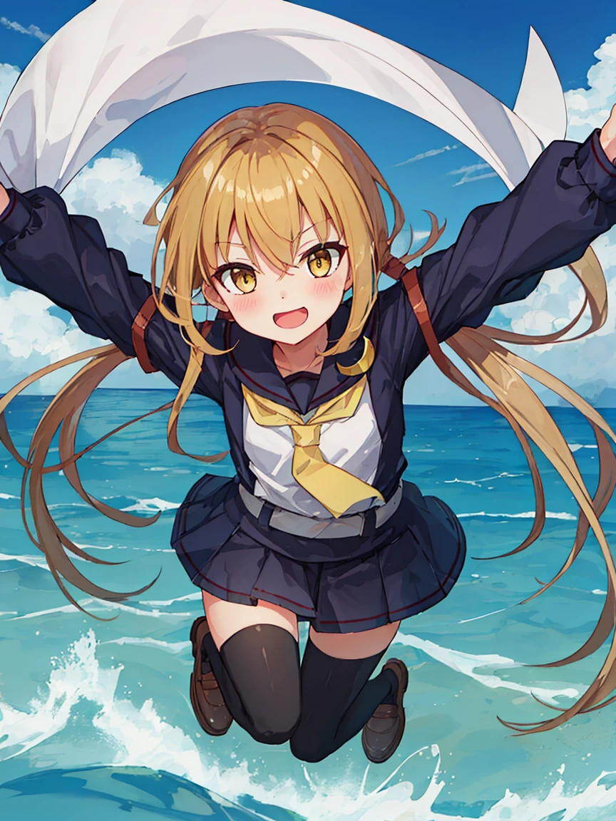 Portrait, official art, best masterpiece, best quality, best resolution, 8K, best detailed, perfect anatomy 
BREAK
smile, (blush:1.1), (open your mouth)
BREAK 
(Jumping), Raise your arms, tilted head
BREAK 
(satsuki_kantaicollection:1.15), blonde hair, long hair, twintails, yellow eyes, low twintails, serafuku, crescent, crescent pin, necktie, black thighhighs, loafers, (small breasts, child_like build, short stature:1.2), 1small girl, solo
BREAK 
Cumulonimbus, (sea, on the sea, sky), (Noon, daytime:1.1), very fine and detailed 16KCG wallpapers