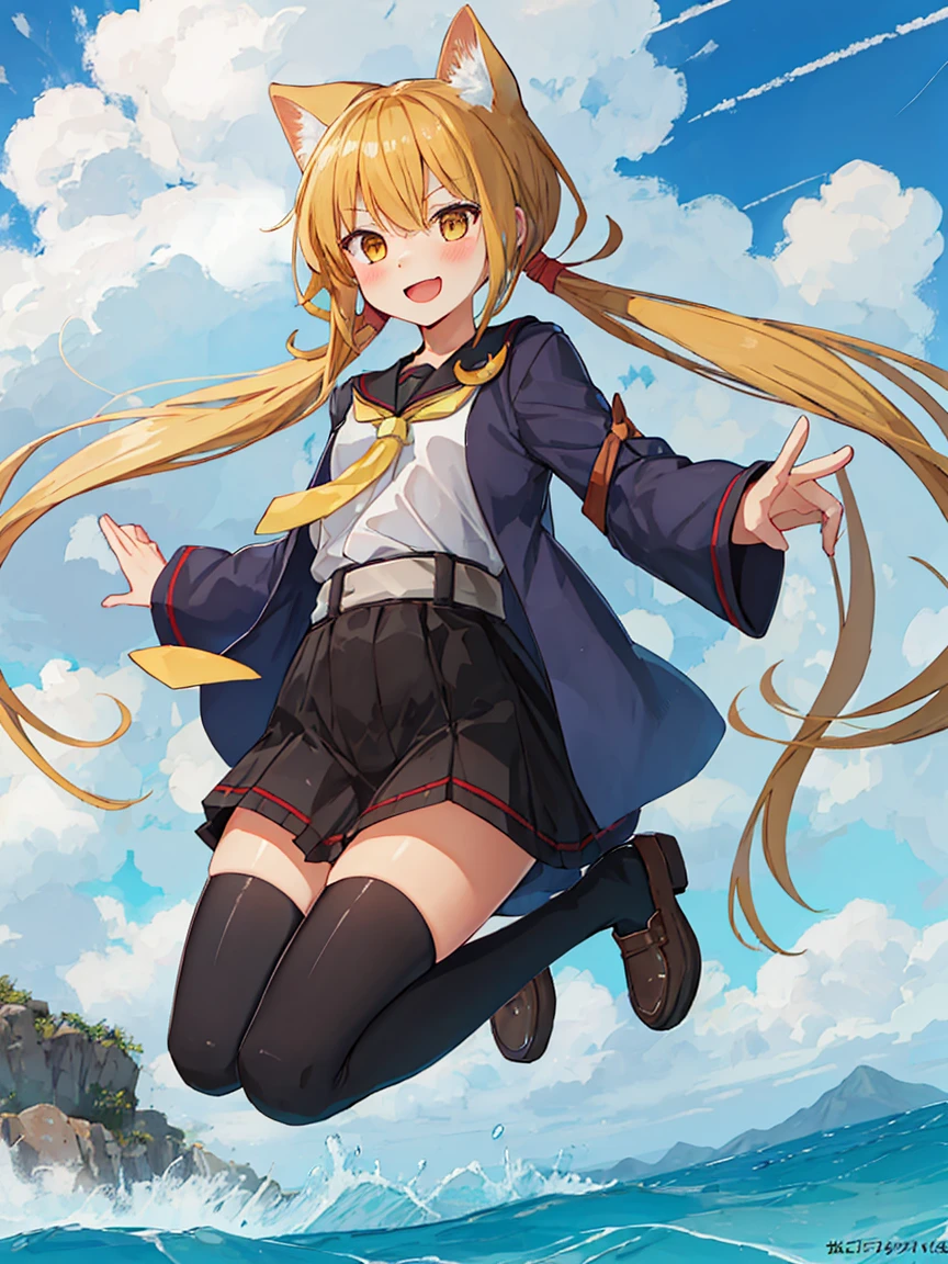 Portrait, official art, best masterpiece, best quality, best resolution, 8K, best detailed, perfect anatomy 
BREAK
smile, (blush:1.1), (open your mouth)
BREAK 
(Jumping), Raise your arms, tilted head
BREAK 
(satsuki_kantaicollection:1.15), blonde hair, long hair, twintails, yellow eyes, low twintails, serafuku, crescent, crescent pin, necktie, black thighhighs, loafers, (small breasts, child_like build, short stature:1.2), 1small girl, solo
BREAK 
Cumulonimbus, (sea, on the sea, sky), (Noon, daytime:1.1), very fine and detailed 16KCG wallpapers