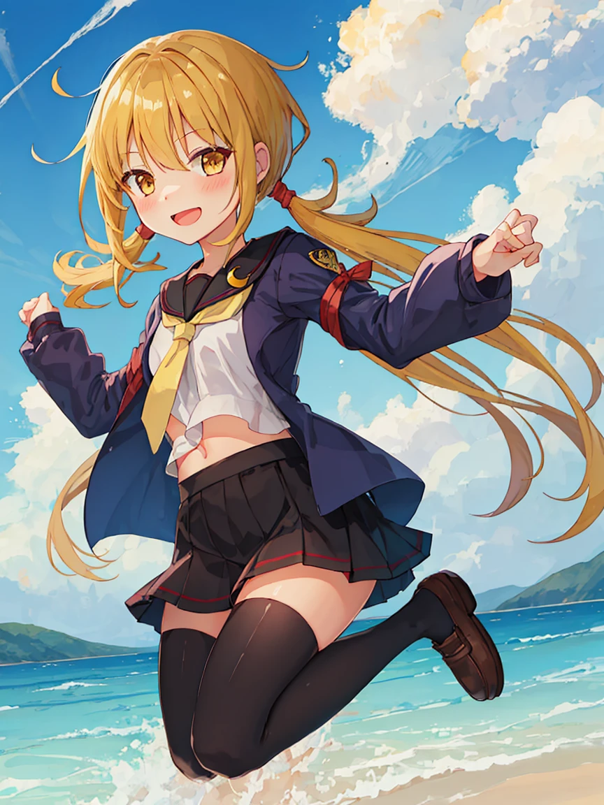 Portrait, official art, best masterpiece, best quality, best resolution, 8K, best detailed, perfect anatomy 
BREAK
smile, (blush:1.1), (open your mouth)
BREAK 
(Jumping), Raise your arms, tilted head
BREAK 
(satsuki_kantaicollection:1.15), blonde hair, long hair, twintails, yellow eyes, low twintails, serafuku, crescent, crescent pin, necktie, black thighhighs, loafers, (small breasts, child_like build, short stature:1.2), 1small girl, solo
BREAK 
Cumulonimbus, (sea, on the sea, sky), (Noon, daytime:1.1), very fine and detailed 16KCG wallpapers