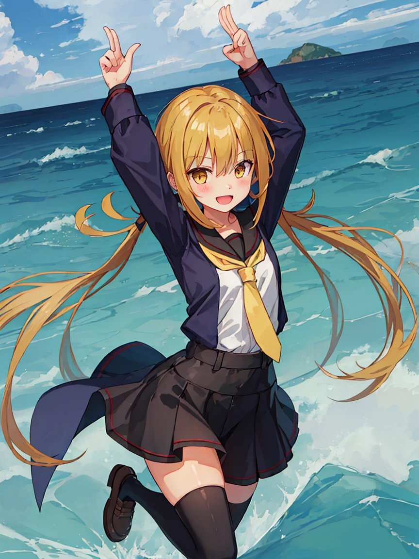 Portrait, official art, best masterpiece, best quality, best resolution, 8K, best detailed, perfect anatomy 
BREAK
smile, (blush:1.1), (open your mouth)
BREAK 
(Jumping), Raise your arms, tilted head
BREAK 
(satsuki_kantaicollection:1.15), blonde hair, long hair, twintails, yellow eyes, low twintails, serafuku, crescent, crescent pin, necktie, black thighhighs, loafers, (small breasts, child_like build, short stature:1.2), 1small girl, solo
BREAK 
Cumulonimbus, (sea, on the sea, sky), (Noon, daytime:1.1), very fine and detailed 16KCG wallpapers