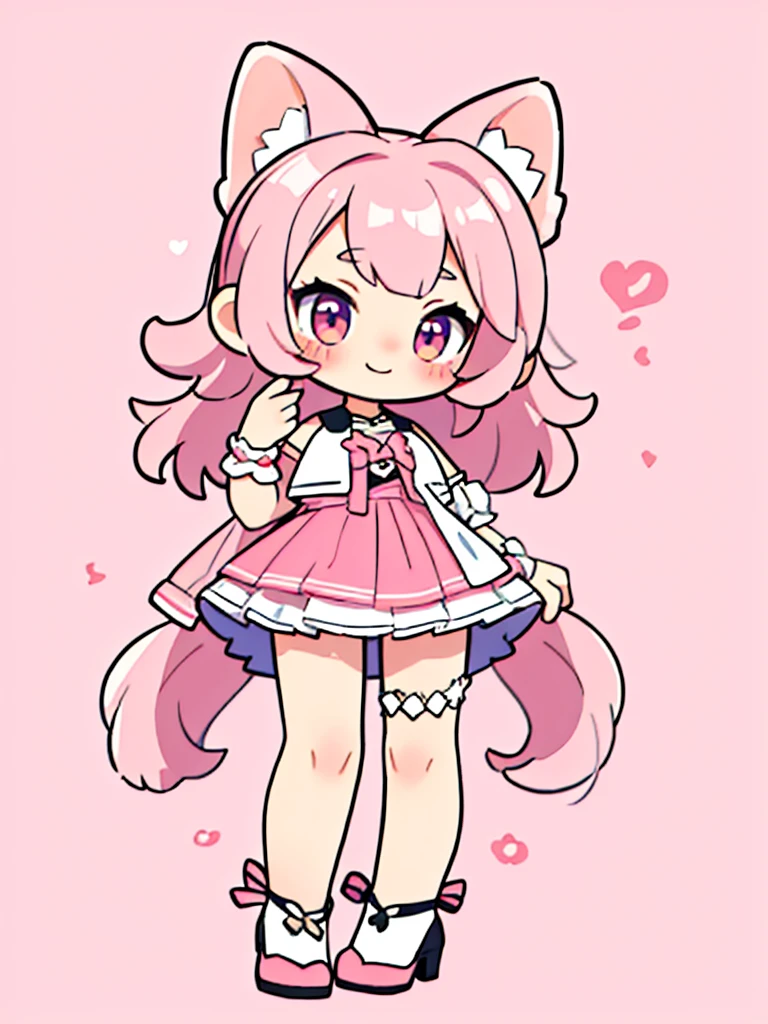 High resolution, masterpiece, Anatomically correct, Best Quality、One girl, Blushing, smile, Simple pink background, High heels、mini skirt、Cat ears、Pastel colors、Strange pose