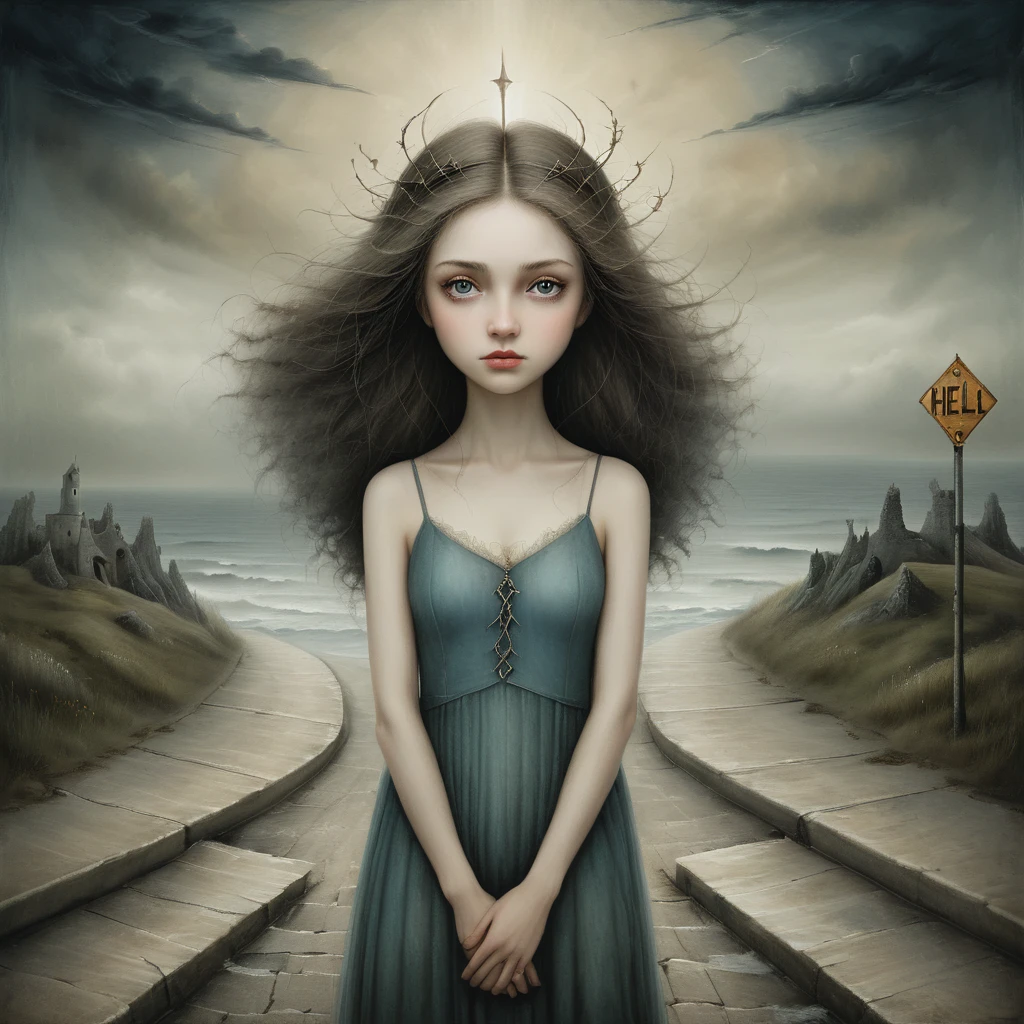 oil and acrylic painting of a coastal scene. In the style of Gabriel Pacheco, nicoletta ceccoli, Tracy Grimwood. a young woman at the crossroads between two roads, one leading to hell and the other to heaven, detailed face, beautiful eyes, long eyelashes, elegant expression, medieval fantasy landscape, dramatic lighting, moody atmosphere, cinematic composition, digital painting, highly detailed, photorealistic, dramatic lighting, complementary color scheme, intricate details, epic scale, dramatic mood