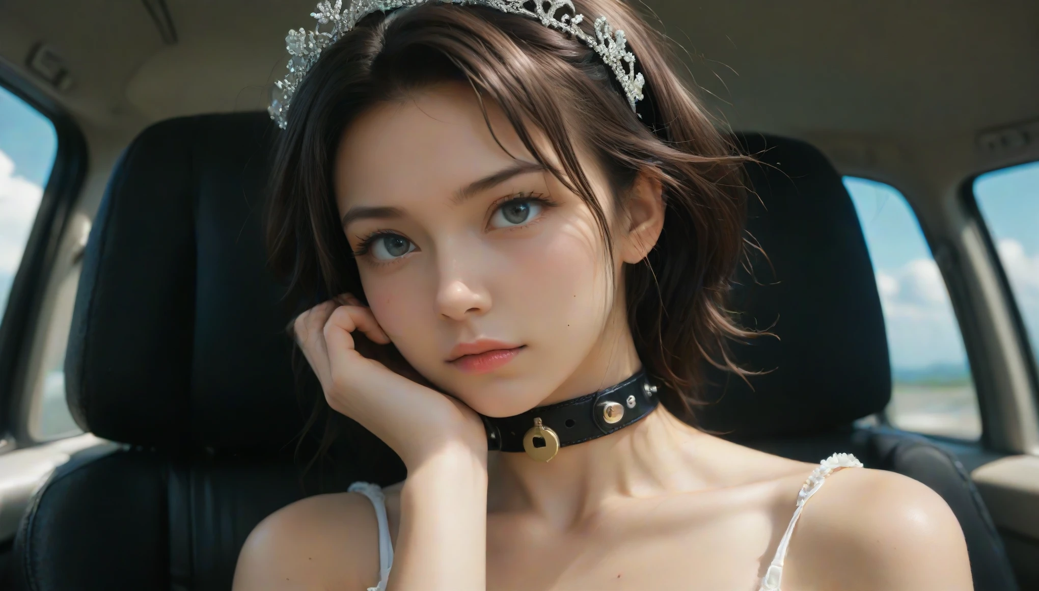 8k, Ultra-high resolution, Best Quality, masterpiece, 三分割法によるphotograph,Surreal, photograph, 1 , (:1.3), cute, cute顔, 細部までBeautiful Eyes, 細かくdetailedに,masterpiece,One Girl:1.2,Japanese women,upper class,Cabin attendant,close up,glaring,Black hair,Messy hair,ID photo,future,Brutal Cyberpunk Woman,Inside the plane,(Rococo style bridal dress),(BDSM Queen),(collar付き),(Lock:1.5),(collar:cuffs),(SM Queen:1.5),Expressions of despair,Dark and atmospheric lighting,Subtle details, detailedな顔,anger,Attractive eyes,(ポートレートphotograph:1.4),(Photorealistic images:1.4),Fantasy art,(Beautiful Face:1.4),美しくAttractive eyes、Beautiful Eyes,Silver Remaining,(Tight waist:1.4)、(Beautiful with perfect body proportions:1.4),Pink Lips,profile,(((Ideal body type))),A cup small bust :2,、Portraiture:2、Perfect Anatomy、鮮明なdetailed、detailed,Fashion magazine cover,Thin lips,完璧でBeautiful Face ,完璧でcute顔, Detailed skin, Perfect limbs、Narrow waist,Surreal,Light and Shadow,spotlight