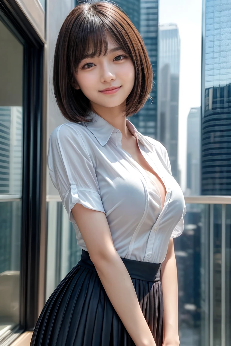 best quality, 8k, highly detailed face and skin texture, high resolution, huge tits short hair glasses asian girl in white shirt and miniskirt standing with smile on balcony at night, with city view, wide open chest, sharp focus
