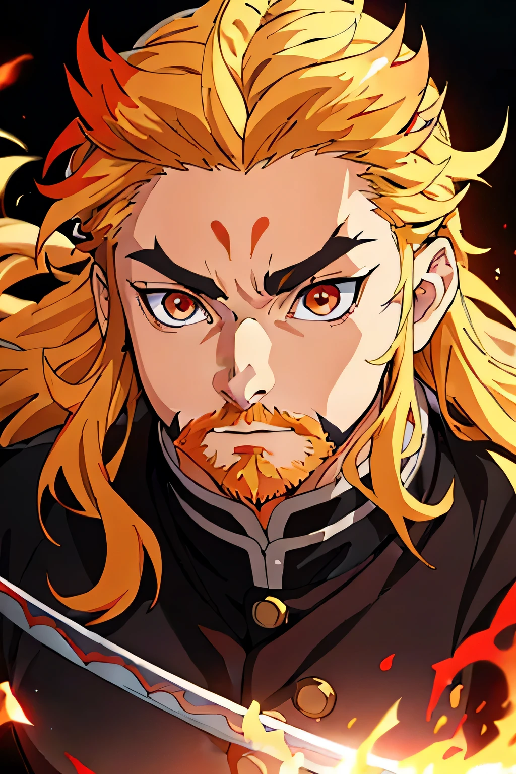 A detailed, blonde hair and striking red highlights, dressed in the style of the Demon Slayer anime, holding a katana sword, beautiful detailed eyes, extremely detailed eyes and face, intricate hairstyle, portrait, highly detailed, 8k, photorealistic, cinematic lighting, vibrant colors, dramatic atmosphere, fantasy concept, male, demon slayer, male, 3, middle aged, pointed eyes, red beard, messy long hair, MALE, masc, middle aged, flame, lines on face, eye bags, 50 years old