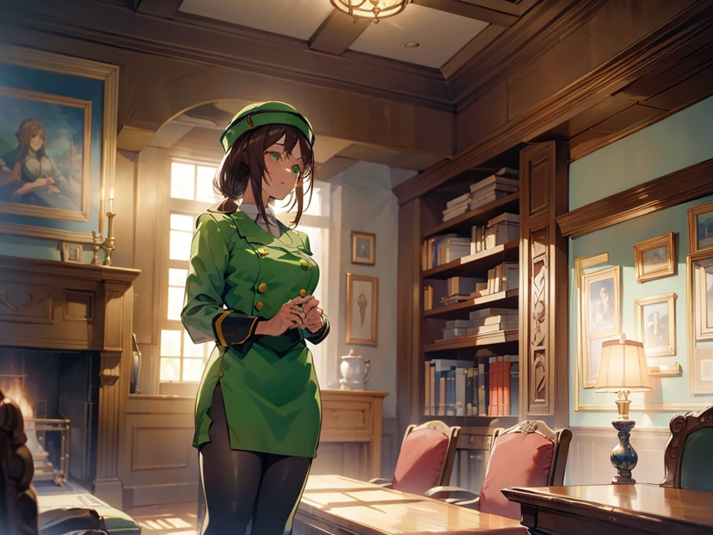 (​masterpiece, top-quality, hight resolution, Unity 8k, extremely details CG:1, Best Picture), (upper body), hayakawa tazuna, low ponytail, green headwear, green jacket, green skirt, pantyhose, Create an image of a single female character displayed in the center of a video game conversation screen. The background is a dimly lit room with a medieval or fantasy aesthetic, filled with detailed decorations like bookshelves, ancient artifacts, and softly glowing lamps. The character is shown from the shoulders up, standing with a neutral, emotionless expression. She is wearing simple yet elegant clothing with a muted color scheme, blending into the calm, ambient lighting. The character's face is devoid of any strong emotion, giving a detached and composed vibe. from front