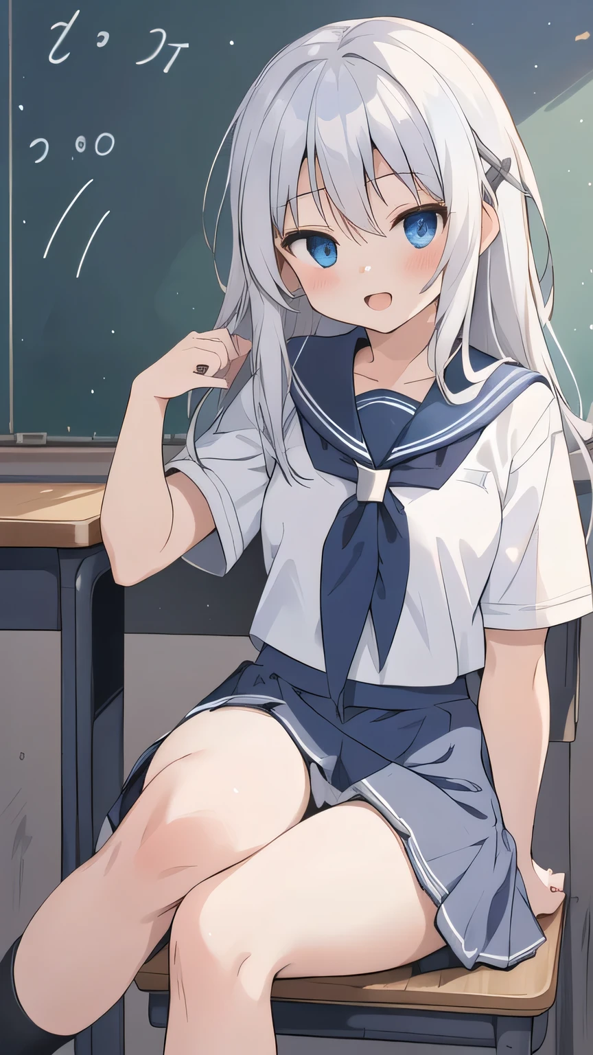 cute girl, アニメ, silver hair, straight hair, Blue eyes, (young:0.9), (small bust:0.5), (cute:1.3), (middle bust:0.8), (cute girl:1.2), cowboy shot, cute, side shot, (Smail:1.3), open mouth, backwards, (sit down:1.5), (white school uniform:1.6), (dark blue skirt:1.5), ローアングル, close eyes, (cross legs:1.4), (seduce:1.4)