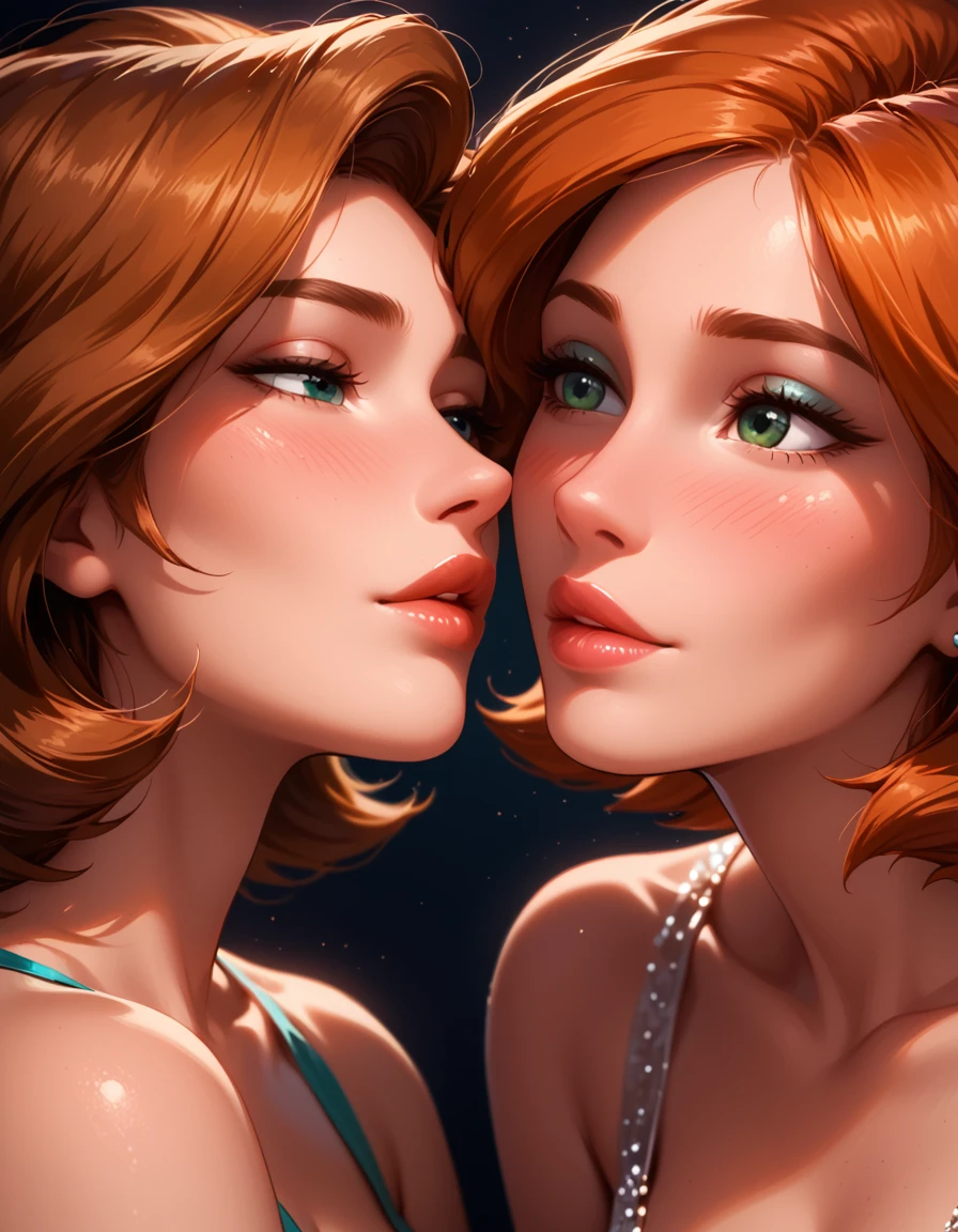 score_9, score_8_up, score_7_up, rating_questionable, epiCPhoto, 2girls, duo, couple, yuri, very sexy (Aunt Cass, brown hair, short hair:1.2), looking away embarrassed, blush, and (annpossible, orange-red hair, short hair:1.3), (focus on lips, after the kiss, lips close together:1.5), beautiful, graceful, elegant, beautiful scene, soft romantic lighting, in love, flirt, gaze, sexy look, half-closed eyes, head tilt, filled lips, thick lips, makeup, dark, moody, (dimly lit:1.4), face portrait, close-up shot, highly detailed, sexy scene, absurdres, 4k, masterpiece, best quality.