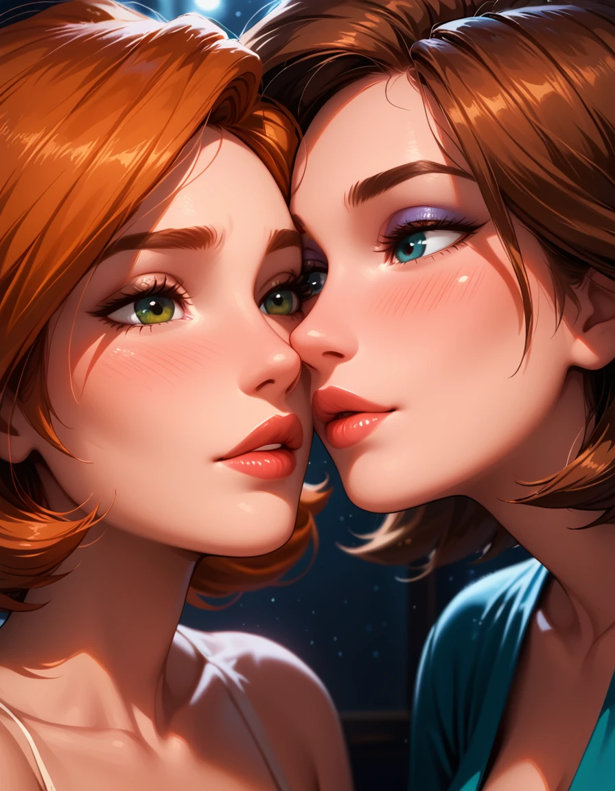 score_9, score_8_up, score_7_up, rating_questionable, epiCPhoto, 2girls, duo, couple, yuri, very sexy (Aunt Cass, brown hair, short hair:1.2), looking away embarrassed, blush, and (annpossible, orange-red hair, short hair:1.3), (focus on lips, after the kiss, lips close together:1.5), beautiful, graceful, elegant, beautiful scene, soft romantic lighting, in love, flirt, gaze, sexy look, half-closed eyes, head tilt, filled lips, thick lips, makeup, dark, moody, (dimly lit:1.4), face portrait, close-up shot, highly detailed, sexy scene, absurdres, 4k, masterpiece, best quality.