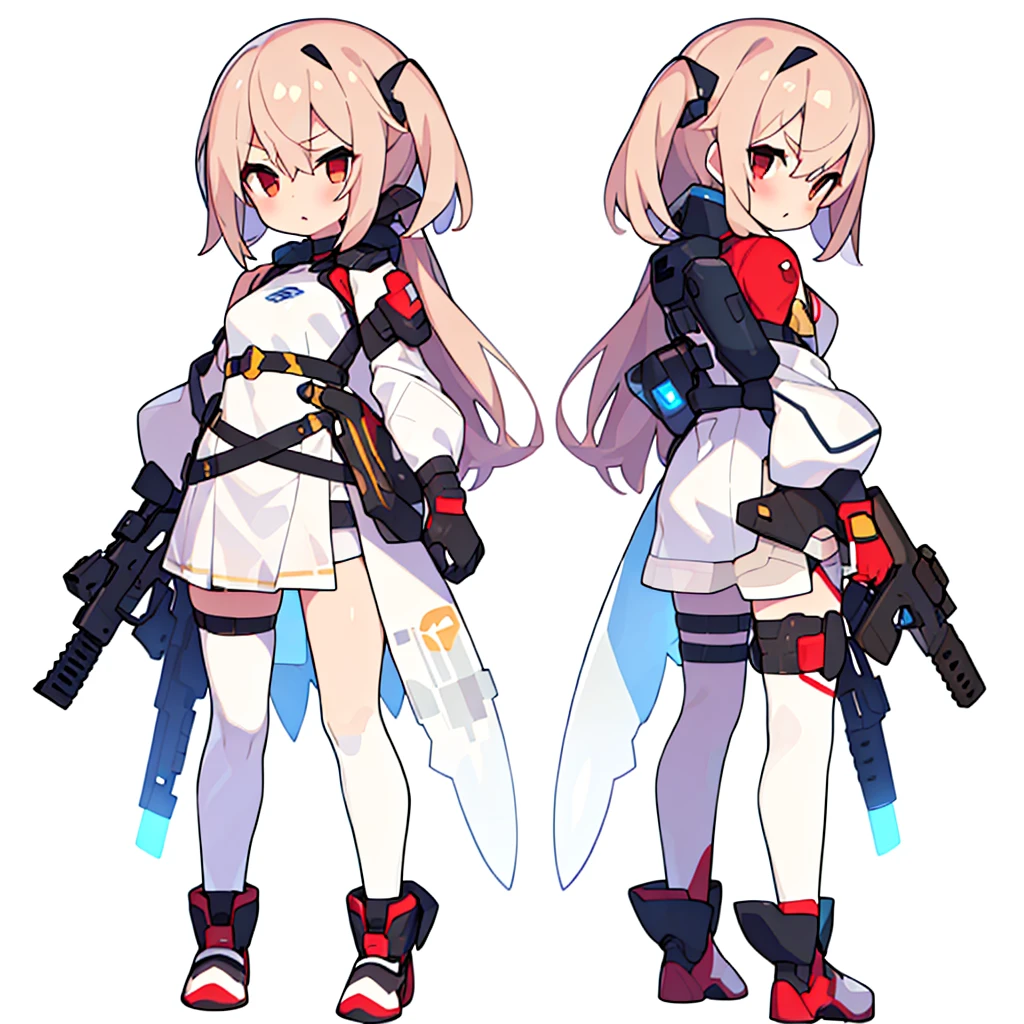 (((Best Quality))) , ((full body)), female, 2girls, multiple views, (white background), chibi,  holding weapon,  white and brown theme, 
