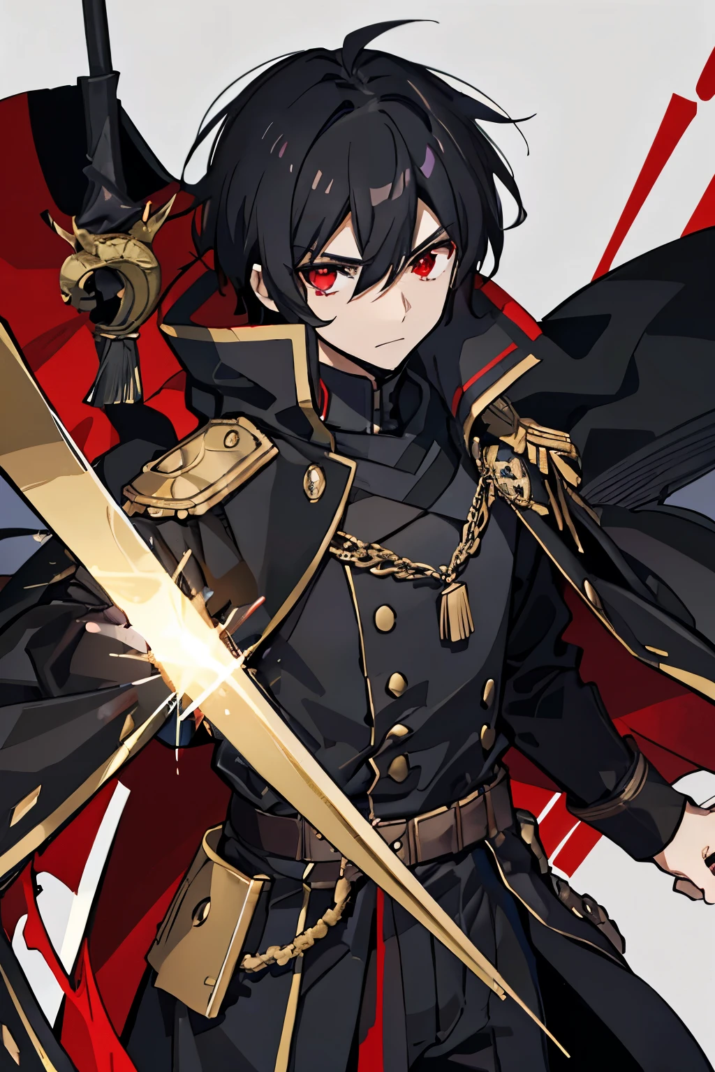 black hair, red eyes, hair between eyes, black cloak, insignia on shoulder, coat, son of a duke, arm band with insignia, noble, halberd, barbarian, strong, fighter, rage, strong, solo, male, zoomed out, dynamic, focus on face