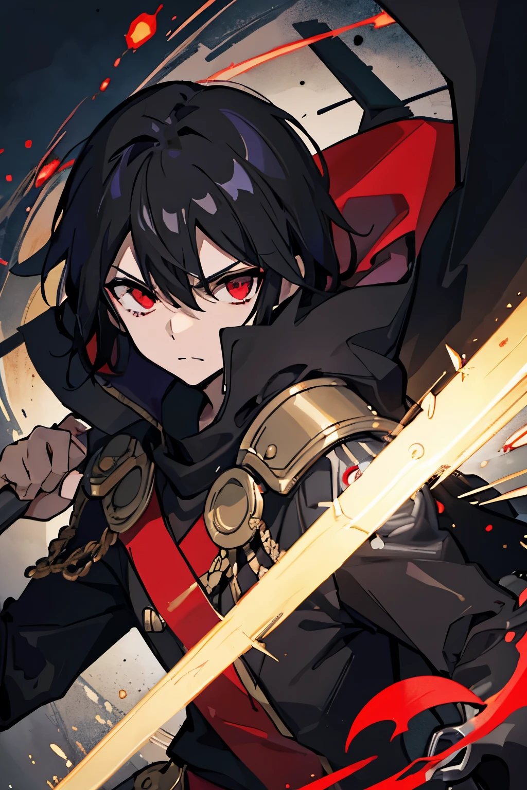 black hair, red eyes, hair between eyes, black cloak, insignia on shoulder, coat, son of a duke, arm band with insignia, noble, halberd, barbarian, strong, fighter, rage, strong, solo, male, zoomed out, dynamic, focus on face, game splash art