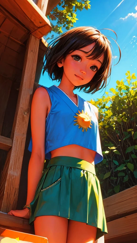 ultra-detailed, vibrant colors, soft natural lighting, fine art, bokeh effect. upper body, casual outfit, medium shot, big eyes, huge eyes, ((standing)), ((sun rays:1.4)), ((Japanese anime style sky:1.4)), ((studio Ghibli:1.3)), ((bright colours:1.5)), ((sunset)), ((sunny atmosphere:1.5)), ((small breasts:1.3)), ((flat chest)), ((neon lights:1.4)), ((beach view on the background:1.4)), ((mini skirt:1.4)), ((view from below:1.4))