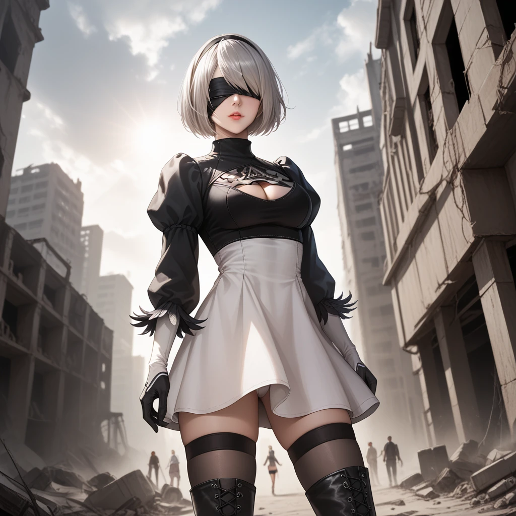 score_9, score_8_up, score_7_up, 32k,masterpiece, highest quality, 
photo realistic, super detail, vibrant colors, chiaroscuro lighting, cinematic lighting,
1 woman, inspired nier automata 2B,
bob cut, gray hair, bangs, mole under mouth, blindfold,
2B dress, cleavage cutout, skirt, thighhighs under boots,
ruins, a ruined world, devastated cities, dark cloudy sky,
seductive pose, cinematic angle,