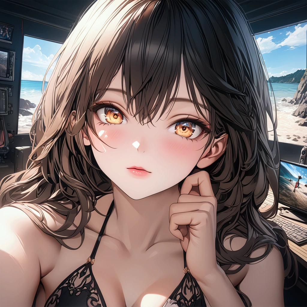 A beautiful Korean face, your eye in perspective, parts of the face are covered with technological devices, his robotic eye reflects a photo of a young woman in a bikini (anime style 8k, HDR, UHD, intricate details, extremely intricate details, hyperrealistic, extremely realistic, high quality).