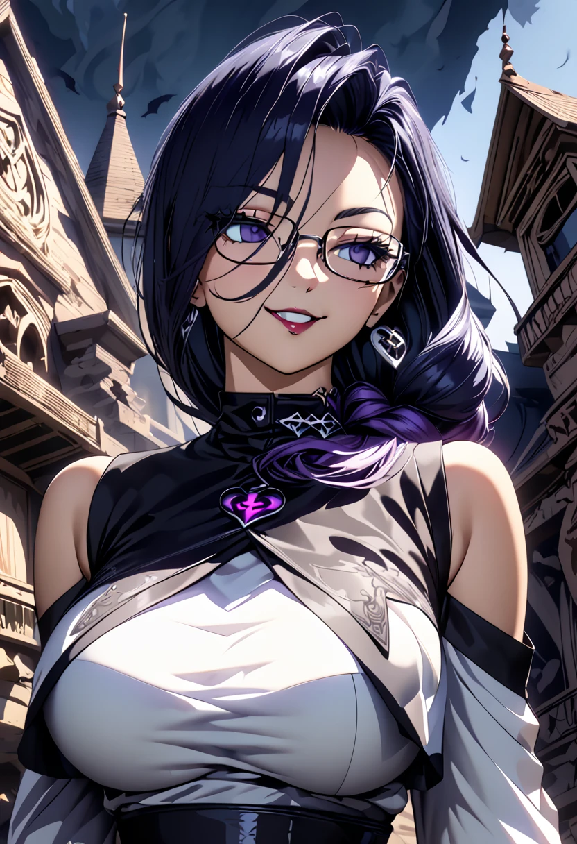 (The highest quality:1.2, Very detailed, anime style, high contrast, detailed digital anime art, masterpiece:1.2, The highest quality, The best aesthetics), 1 female, anime girl gothic maiden, gothic cyberpunk, Gothic art style, Gothic art, Devil anime girl, Gothic horror atmosphere, creepy makeup, eye shadow, Accessories with bat motifs, Detailed decoration of the dress , Beautiful gothic dresses, Off the shoulder, Separate sleeves, Detailed accessories, transparent dress, Dark blue hair, glasses, square glasses,  by the wide, Braided hair, Bicolor purple, green, smile, voluptuous body, female curves, Random pause, Western style architecture, Western style building background, Beautiful interior, dark color palette, Mature sex appeal, climax, witch hat, purple amulet hanging from his neck.