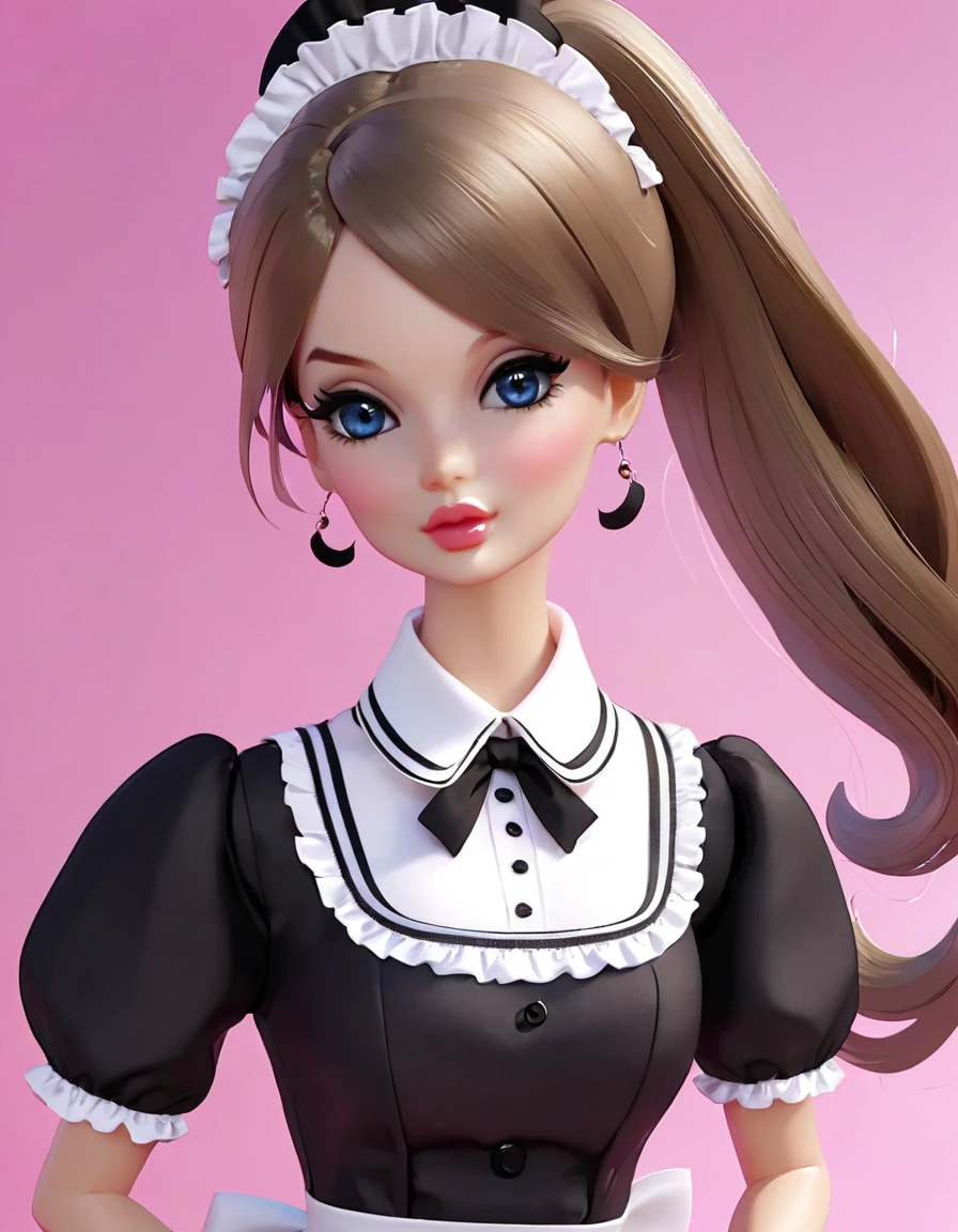 (masterpiece, Best quality: 1.2), 1twintails barbie doll,doll，Colloid， Exquisite eyes, Wide hips, Colloid皮肤，(Wearing Maid dress)，Huge natural breasts，