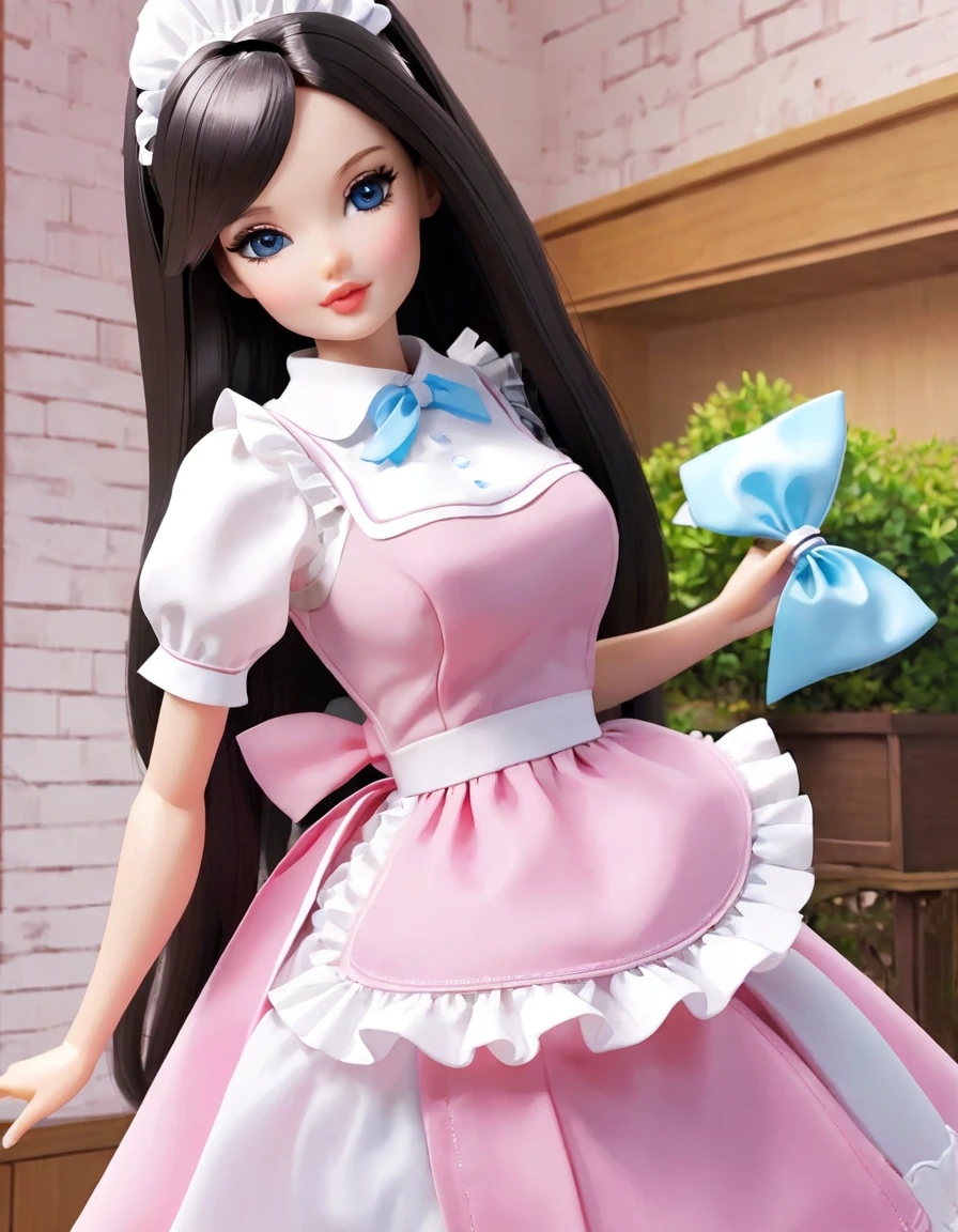 (masterpiece, Best quality: 1.2), 1twintails barbie doll,doll，Colloid， Exquisite eyes, Wide hips, Colloid皮肤，(Wearing Maid dress)，Huge natural breasts，