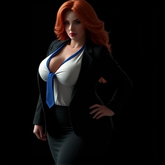 Girl , Red-Haired , shy very long hair , very large breasts , wears a blouse, Blouse buttoned up to the top, visible buttons on the blouse, adult ,Sleeve style suit