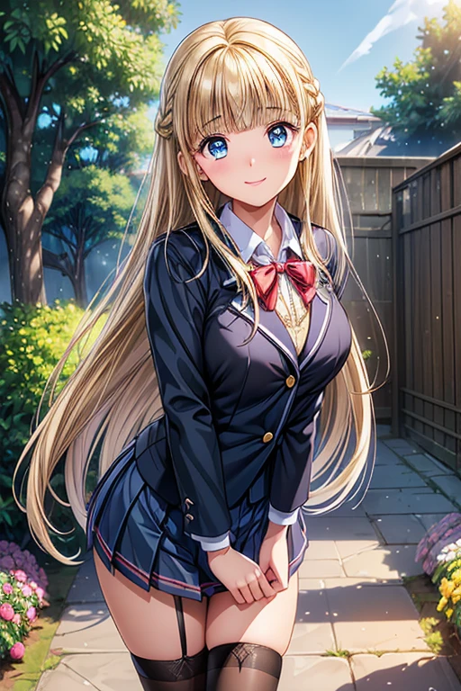 best quality,1girl,((big breasts:1.3)),orgasm,blush,sweat,mahiru shiina, bangs, blonde hair, brown hair, (yellow eyes:1.3),long hair, skirt, bow, (school uniform), pleated skirt, plaid, plaid skirt, (red bowtie:1.2),((lift skirt,upskirt,white panties,lace panties)),thighhighs,walking,forest,forest林,form behind,cum on clothes,cum on ass,cum on panties