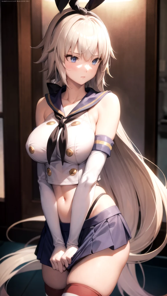 (((masterpiece,best quality,absurdres,8K,perfect body))) , ((naughty)),((jeanne darc, blonde hair, blue eyes, long hair, ,huge breasts,shimacos,crop top,microskirt,thighhighs,elbow gloves)),((wind lift)),beautiful detailed eyes,beautiful detailed lips,extremely detailed eyes and face,long eyelashes,intricate,delicate,soft lighting,warm colors,highly detailed,photorealistic,digital painting,concept art,skirt tug