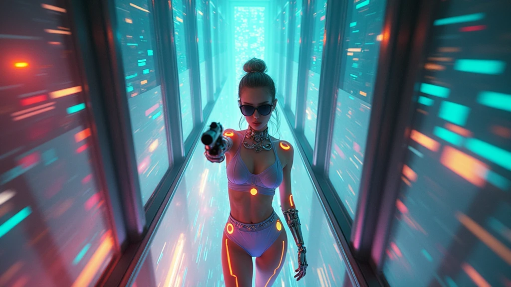 Brightly colored abstract aerial view image of a futuristic railway station with a spiral, a (((((futuristic all-glass train))))) passing by, epic beautiful space sci-fi, chaotic cinematic space rift, Greg Beeple, planets colliding, Beeple and Tim Hildebrandt, Beeple and Jean Giraud, end of the universe, (((((giant abstract sculpture))))), galaxy space sci-fi, ringworld, by Mike "Beeple" Winkelmann. Matrix style, (((((Matrix cascading code))))), (((((a futuristic twin tower skyscraper with a unique twisted design))))), (((((OLED GUI interfaces in the building))))), at night, (((((1girl, solo))))), photo realistic, (((large-breast:1.4 plump body, cleavage:1.4))), (((off broken mini sling-shirt and black sling bra, extreamly short pleated miniskirt exposing panty))), (((((running pose))))), (((((((matrix style black micro sunglasses))))))), ((((((((((aiming with a short gun)))))))))), (((((looking at camera))))), (((very low view))), (((((half-body thigh level medium shot))))), (((cinematic lighting))).