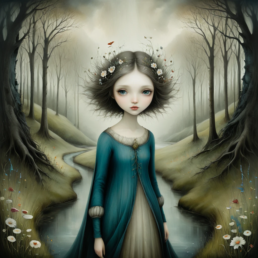 oil and acrylic painting of a coastal scene. In the style of Gabriel Pacheco, nicoletta ceccoli, Tracy Grimwood. a young woman at the crossroads between two roads, one going into a dark, dark forest, the other to a flowery meadow with trees and streams. detailed face, beautiful eyes, long eyelashes, elegant expression, medieval fantasy landscape, dramatic lighting, moody atmosphere, cinematic composition, digital painting, highly detailed, photorealistic, dramatic lighting, complementary color scheme, intricate details, epic scale, dramatic mood
