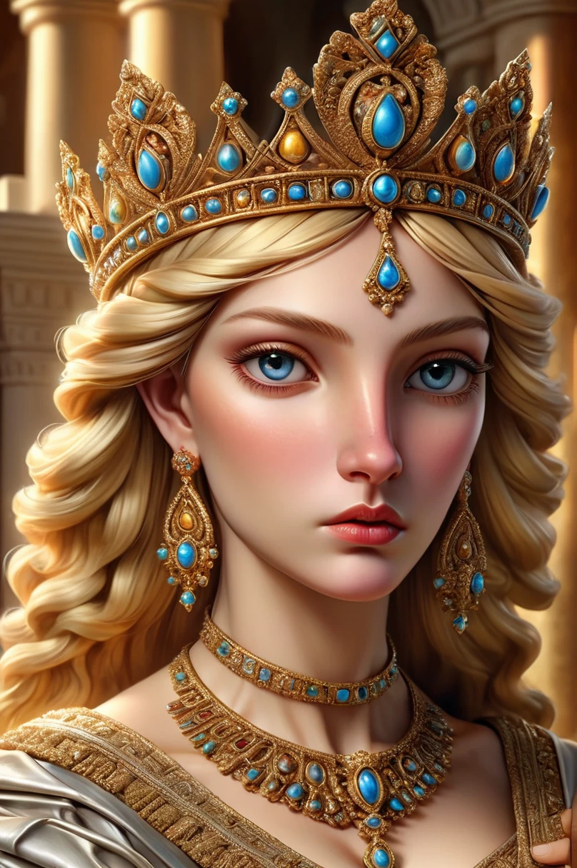 Irene de Atenas, blonde woman, crowned as Byzantine queen, Greek appearance, ornate jewelry and earrings, Byzantine style, detailed face, detailed eyes, detailed lips, long eyelashes, regal expression, intricate crown, opulent clothing, ornate accessories, dramatic lighting, vivid colors, Renaissance art, oil painting, masterpiece, photorealistic, ultra-detailed, 8k, best quality