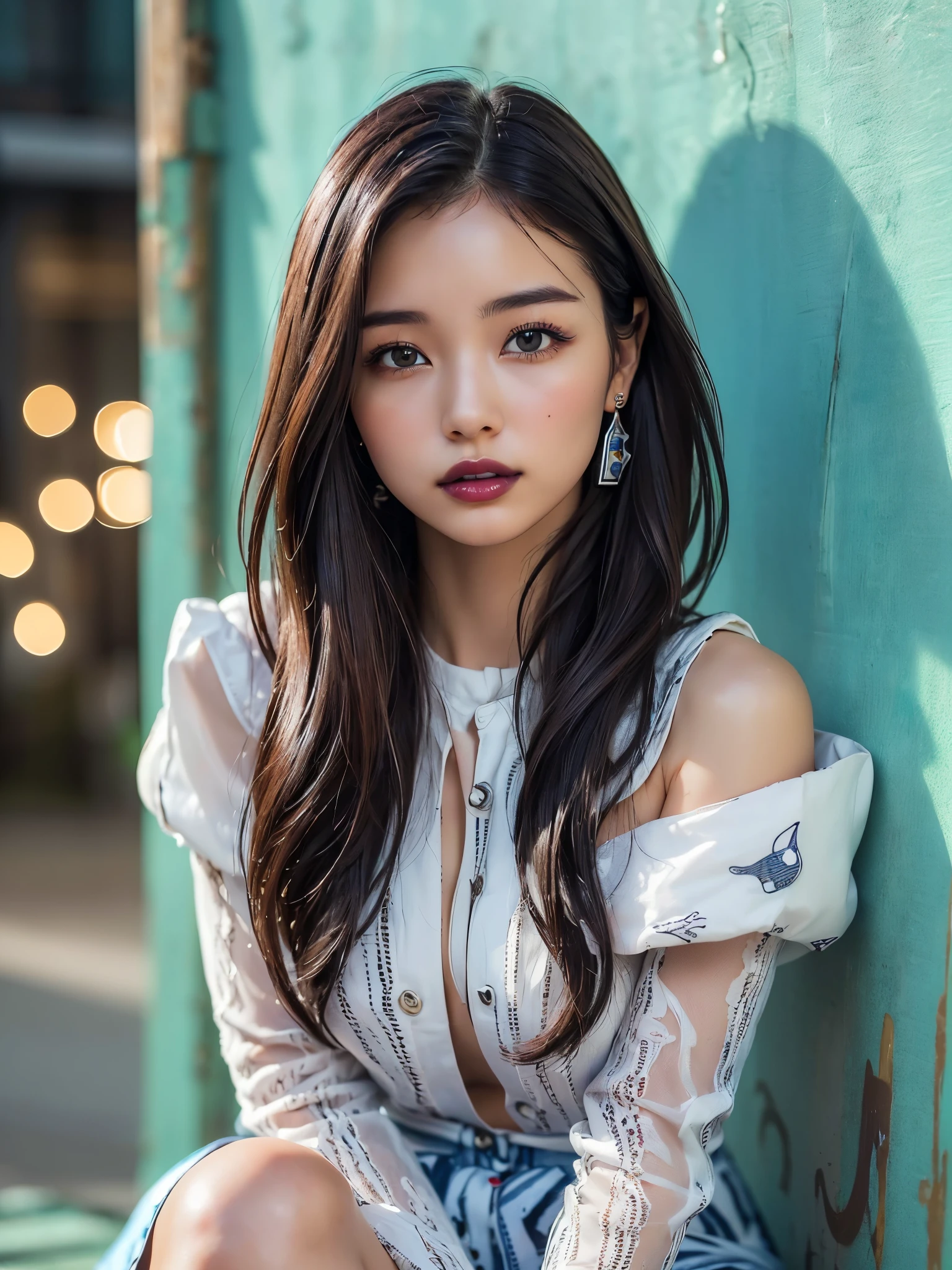 (UHigh resolution, retina, masterpiece, Accurate, Anatomically correct, Textured skin, Super Detail, Attention to detail, high quality, 最high quality, High resolution, 1080P, High resolution, 4K, 8k, 16k), (美しいAttention to detail目, Beautiful lip detail, Highly detailed eyes and face), Soft lighting, Physically Based Rendering, Vibrant colors,((((最high quality、masterpiece, 高精細CG8kイラスト, Graffiti art,Very detailed、Light and Shadow, Leaning against the wall, Highly detailed face and eyes,masterpiece, 最high quality, Alone, One girl, Glowing Skin, Earrings, Splendid, Whimsical details, Dark lips, Fascinating, Fashion like Louis Vuitton,Futuristic Fashion,Shallow depth of field, Contrasting, Professional Model, frontを向く、front, Portraiture , Left detailed pupil,Right symmetrical pupil,Wavy Hair))), (Wide-angle),(Alone), (Urzan-6500:0.33)、Outdoor、(((whole bodyショット,Cowboy Shot,Glossy thighs,whole body)))、smile