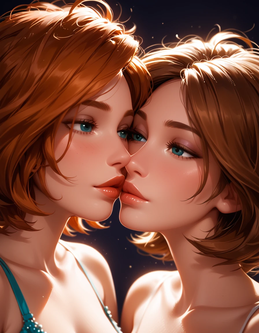 score_9, score_8_up, score_7_up, rating_questionable, epiCPhoto, 2girls, duo, couple, yuri, very sexy (Aunt Cass, brown hair, messy hair, short hair:1.2), and (annpossible, orange-red hair, short hair:1.3), (focus on lips, after the kiss, lips close together:1.5), beautiful, graceful, elegant, beautiful scene, soft romantic lighting, in love, loving look on their faces, flirt, gaze, sexy look, half-closed eyes, head tilt, filled lips, thick lips, makeup, dark, moody, (dimly lit:1.4), face portrait, close-up shot, highly detailed, sexy scene, absurdres, 4k, masterpiece, best quality.