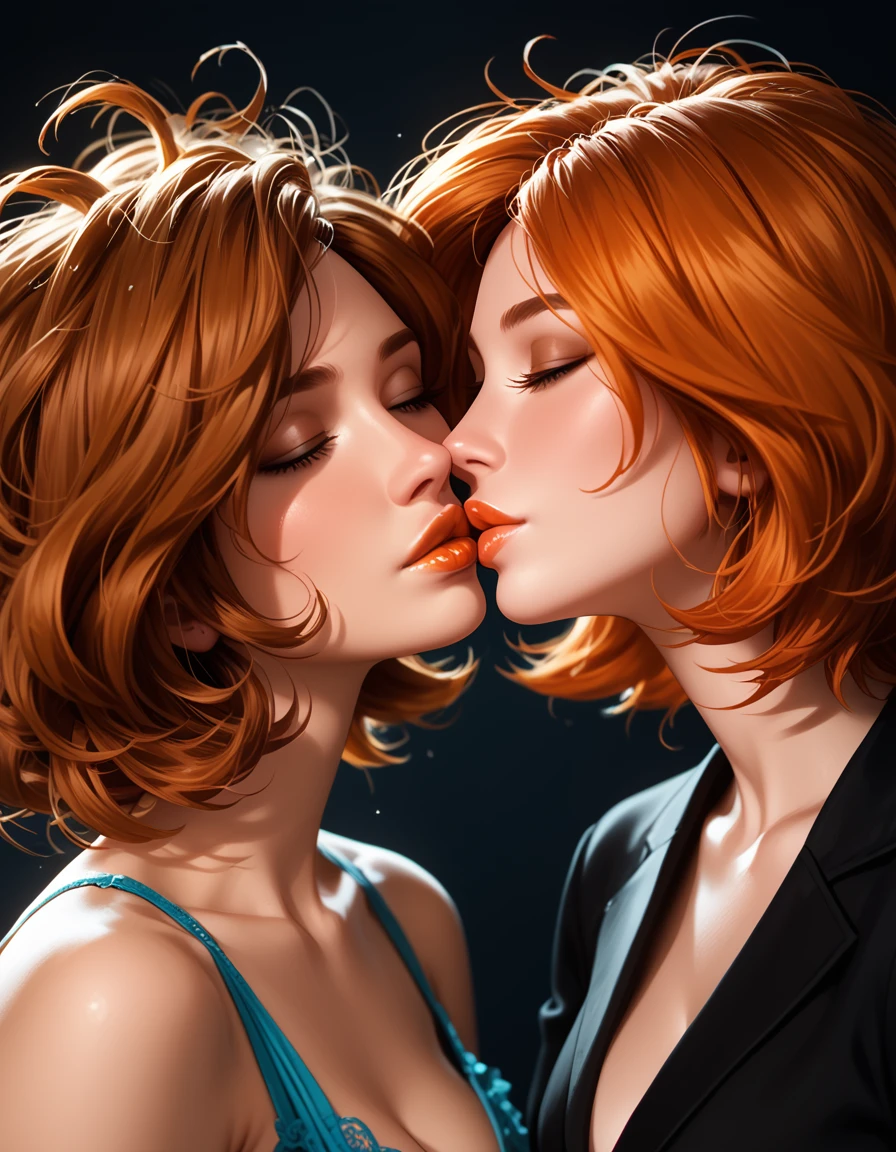 score_9, score_8_up, score_7_up, rating_questionable, epiCPhoto, 2girls, duo, couple, yuri, very sexy (Aunt Cass, brown hair, messy hair, short hair:1.2), and (annpossible, orange-red hair, short hair:1.3), (focus on lips, after the kiss, lips close together:1.5), beautiful, graceful, elegant, beautiful scene, soft romantic lighting, in love, loving look on their faces, flirt, gaze, sexy look, half-closed eyes, head tilt, filled lips, thick lips, makeup, dark, moody, (dimly lit:1.4), face portrait, close-up shot, highly detailed, sexy scene, absurdres, 4k, masterpiece, best quality.