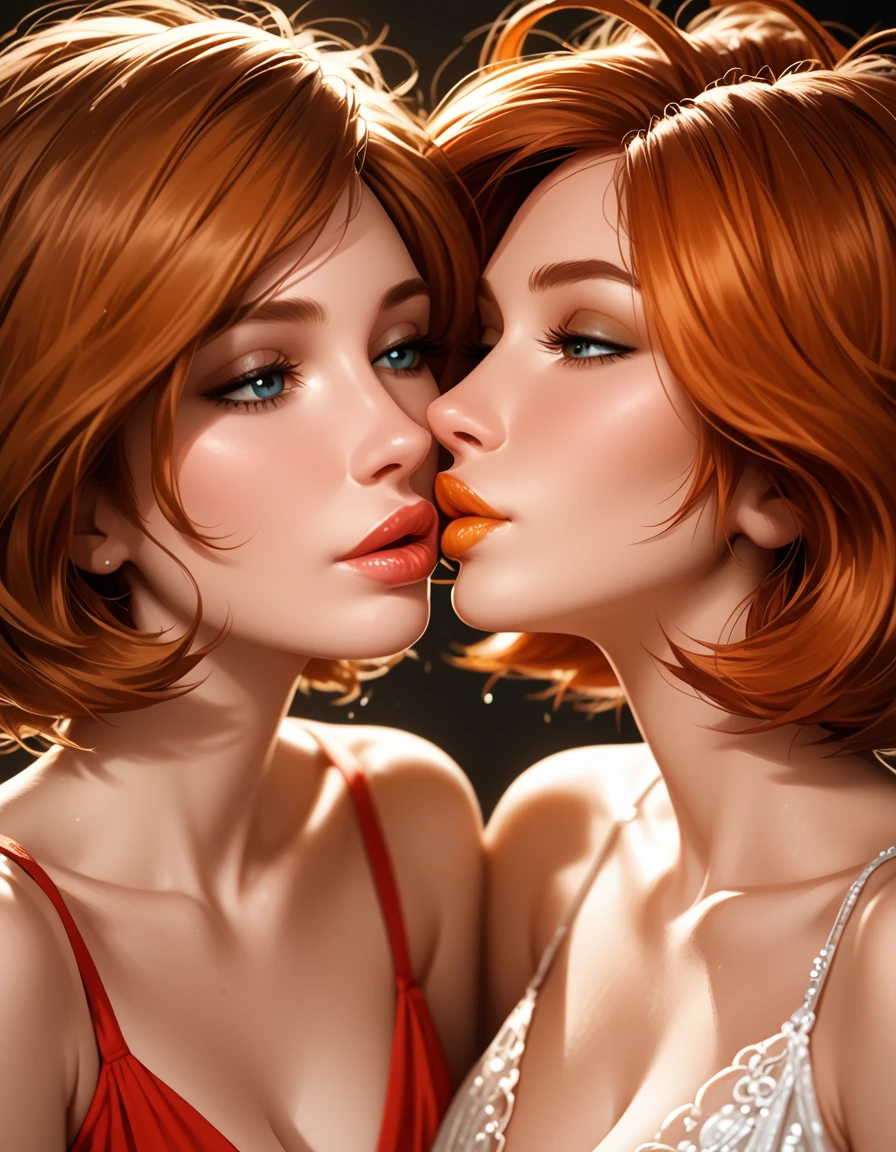 score_9, score_8_up, score_7_up, rating_questionable, epiCPhoto, 2girls, duo, couple, yuri, very sexy (Aunt Cass, brown hair, messy hair, short hair:1.2), and (annpossible, orange-red hair, short hair:1.3), (focus on lips, after the kiss, lips close together:1.5), beautiful, graceful, elegant, beautiful scene, soft romantic lighting, in love, loving look on their faces, flirt, gaze, sexy look, half-closed eyes, head tilt, filled lips, thick lips, makeup, dark, moody, (dimly lit:1.4), face portrait, close-up shot, highly detailed, sexy scene, absurdres, 4k, masterpiece, best quality.