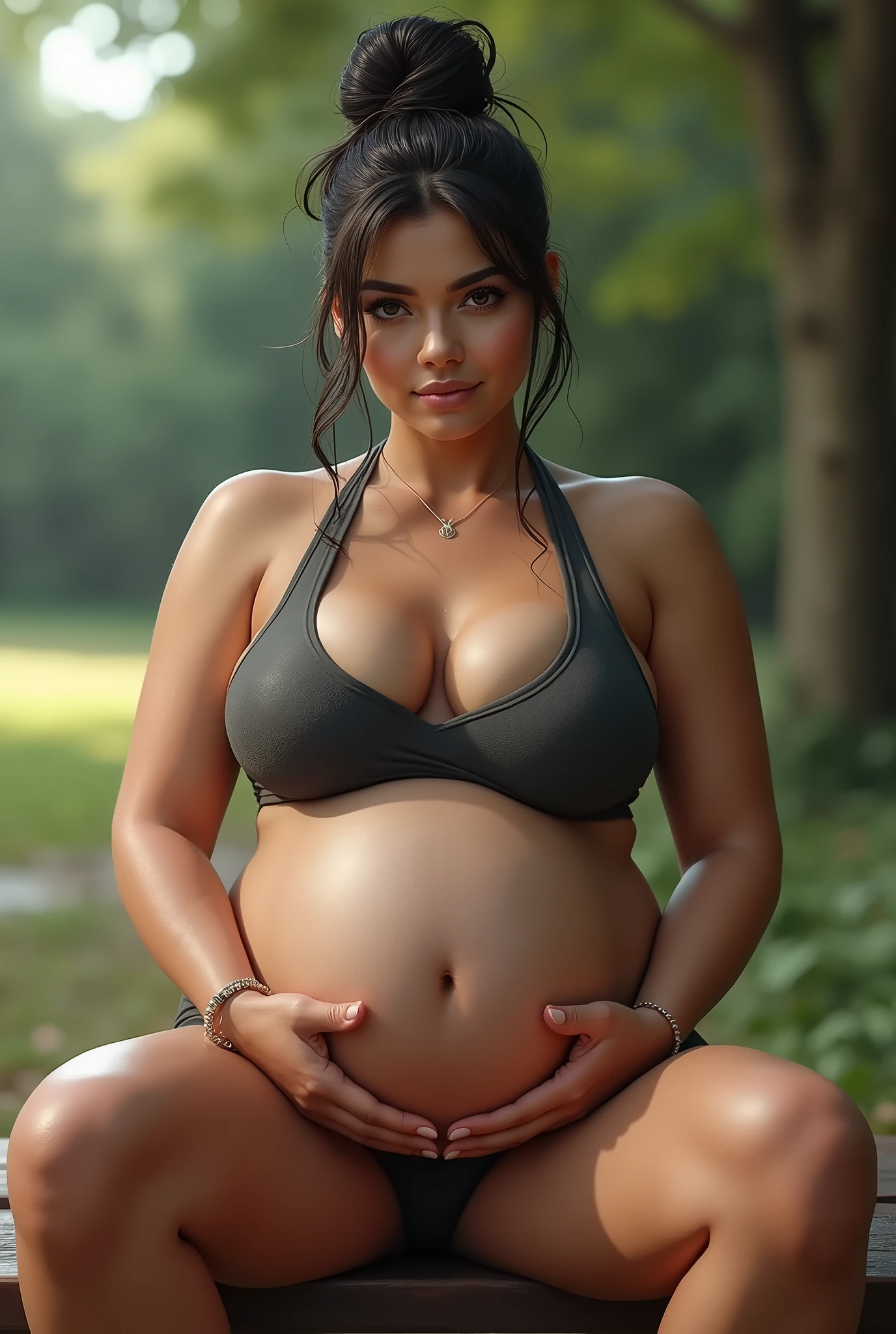 realistic elf woman, very detailed faces, all body, black hair, , bust, , ((Big round green eyes)), The most beautiful face, big and regular breasts, NSFW, red blush, blushing, slim abdomen: 1.2, detailed eyes, sexy, undressed, dark tan skin, naked, open mourh, legs open,  pregnant, rope around neck, hanging from tree, choking, lynched